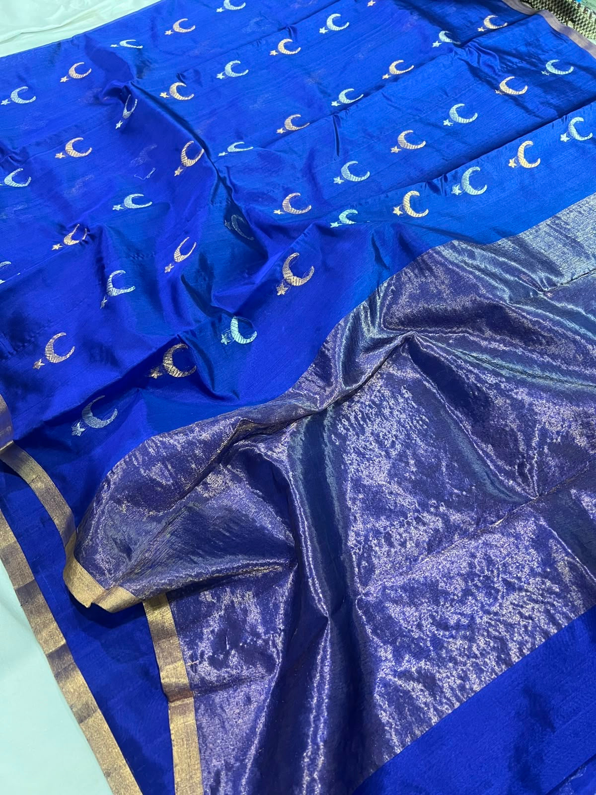 Royal blue handwoven Pure Silk Chanderi Katan saree, full drape with gold zari border