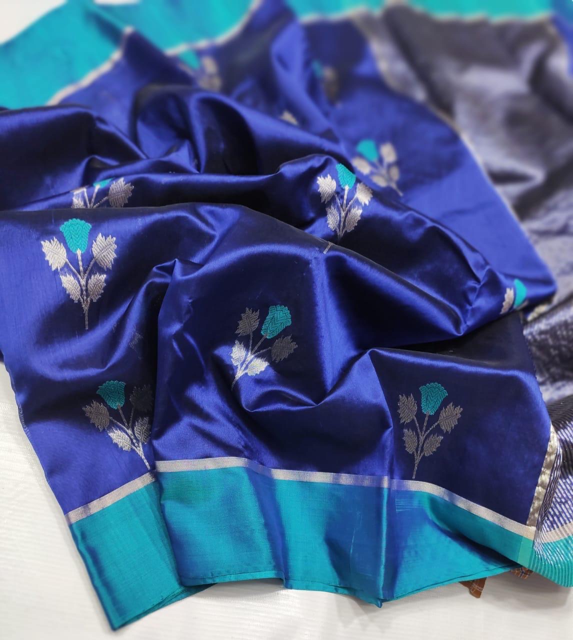 Royal blue Pure Silk Chanderi saree with turquoise border