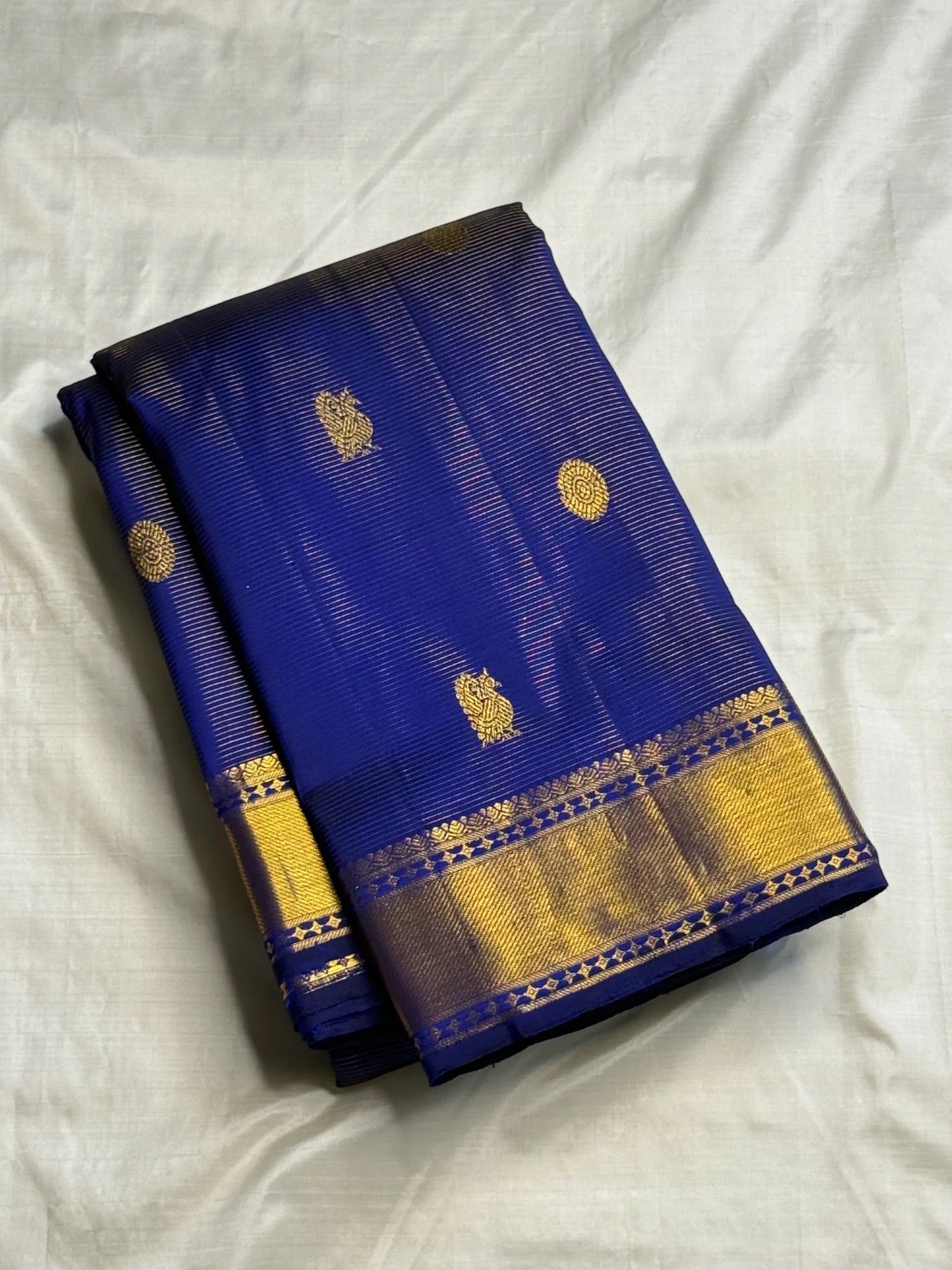 Rich mustard gold pallu on royal blue Kanjipuram pure silk saree — Idam Living