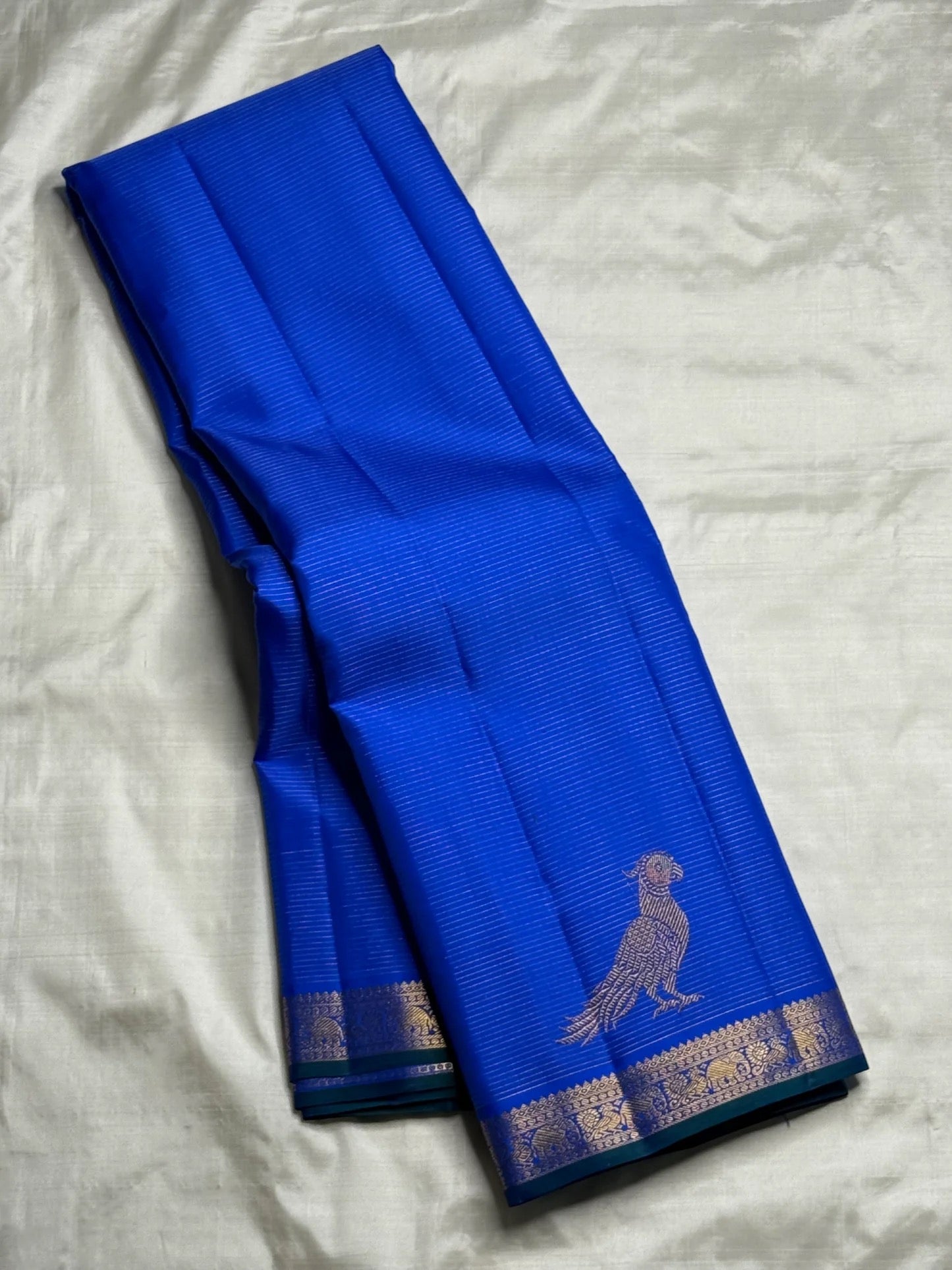 Royal blue pure silk Kanjeevaram Vairaoosi saree, front drape view