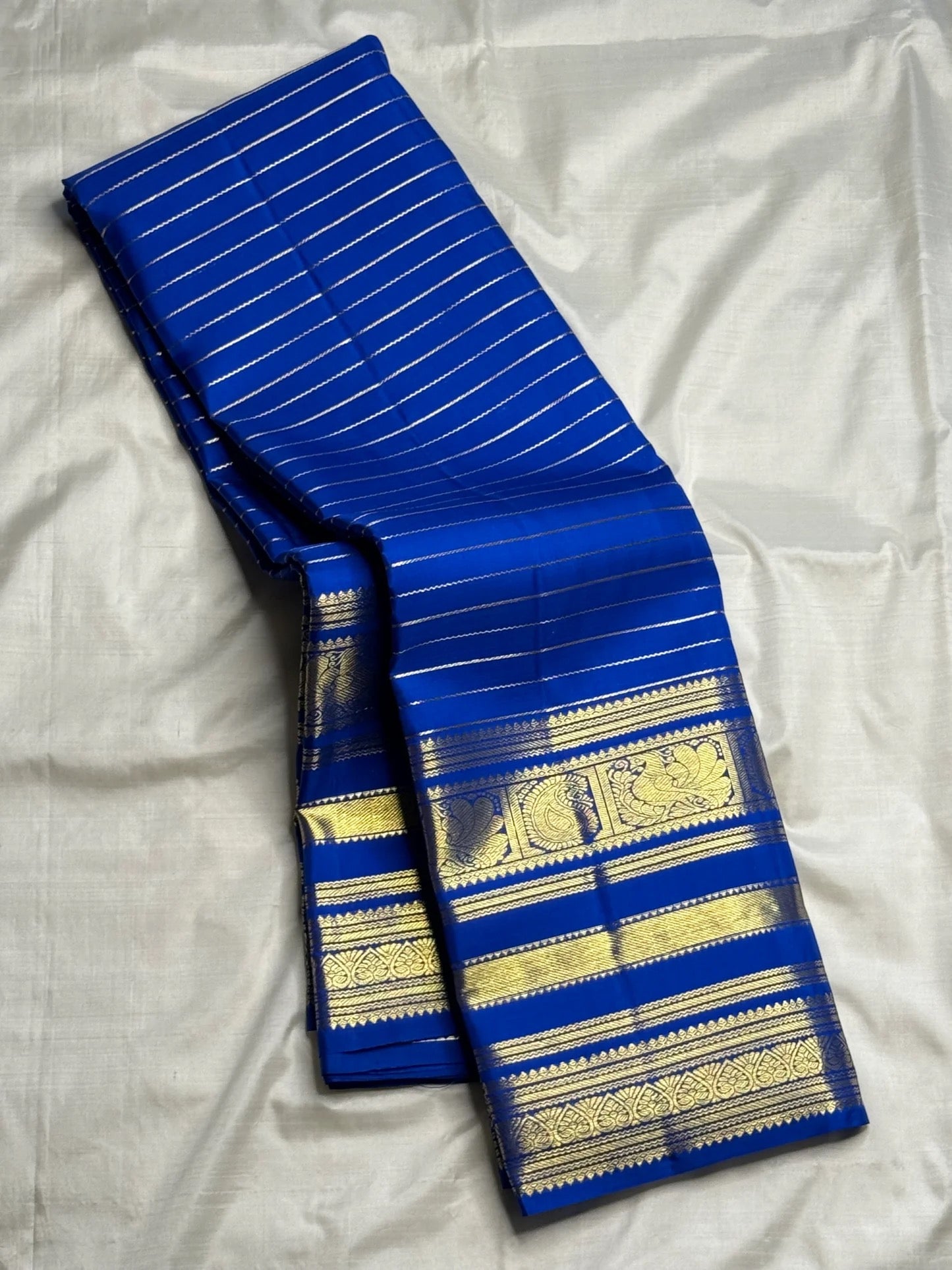 Royal blue pure silk Kanjivaram Vairaoosi saree, front drape view