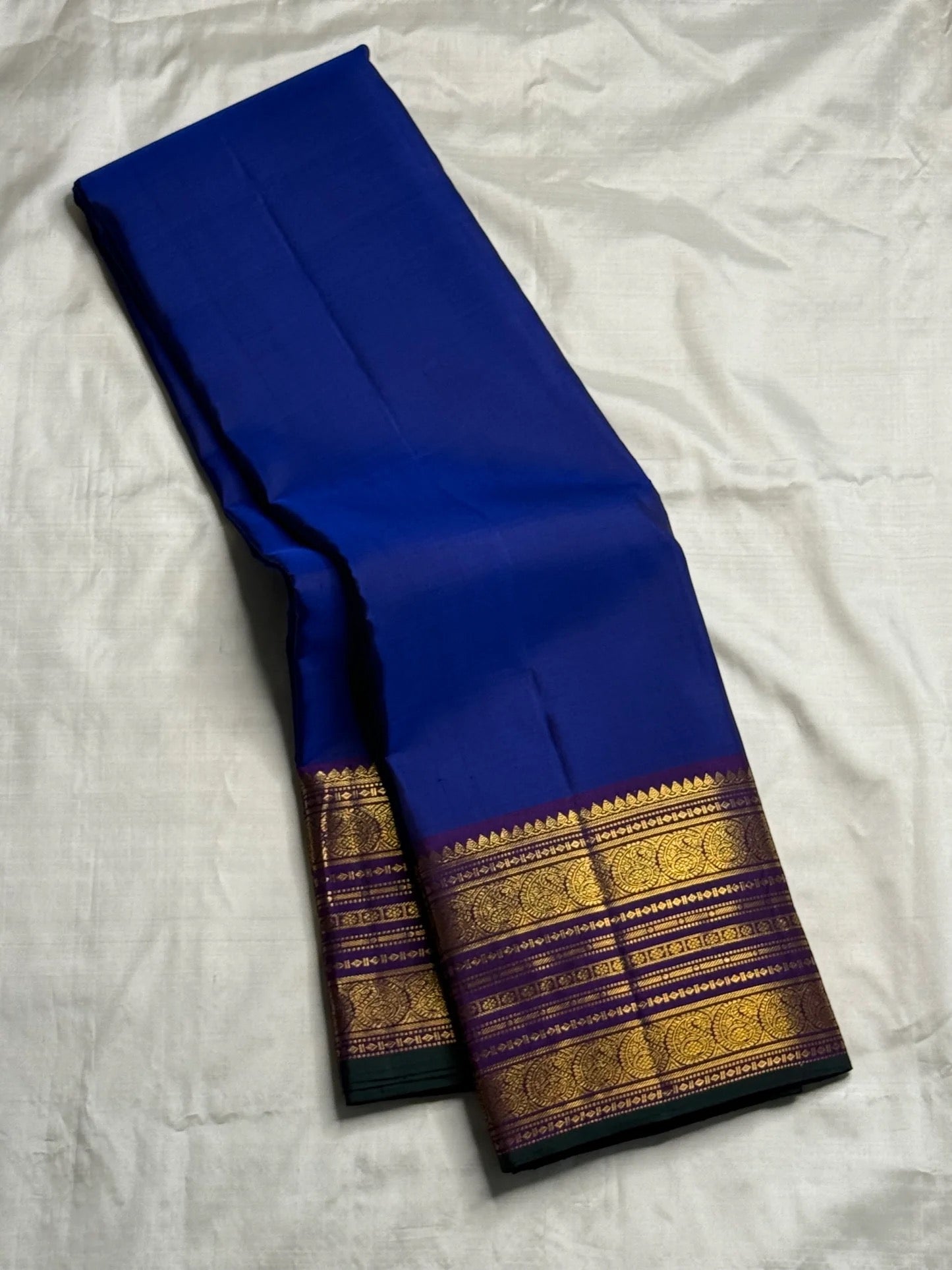 Royal blue pure silk Kanchi Pattu Varisaipet saree, front drape view