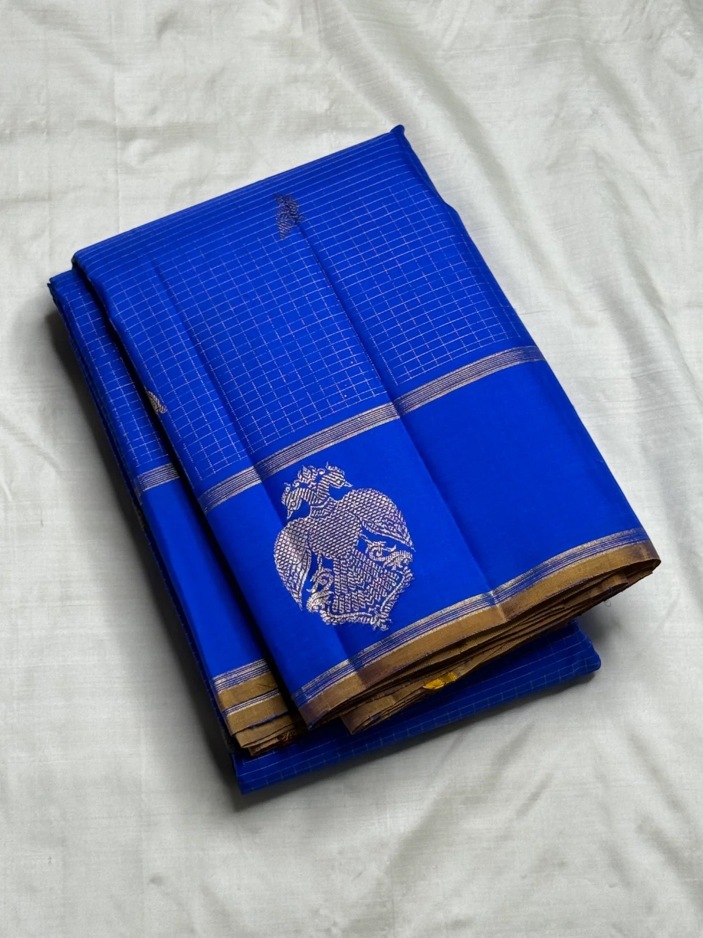 Royal blue pure silk Kanjipuram Zari Kattam saree, front drape view