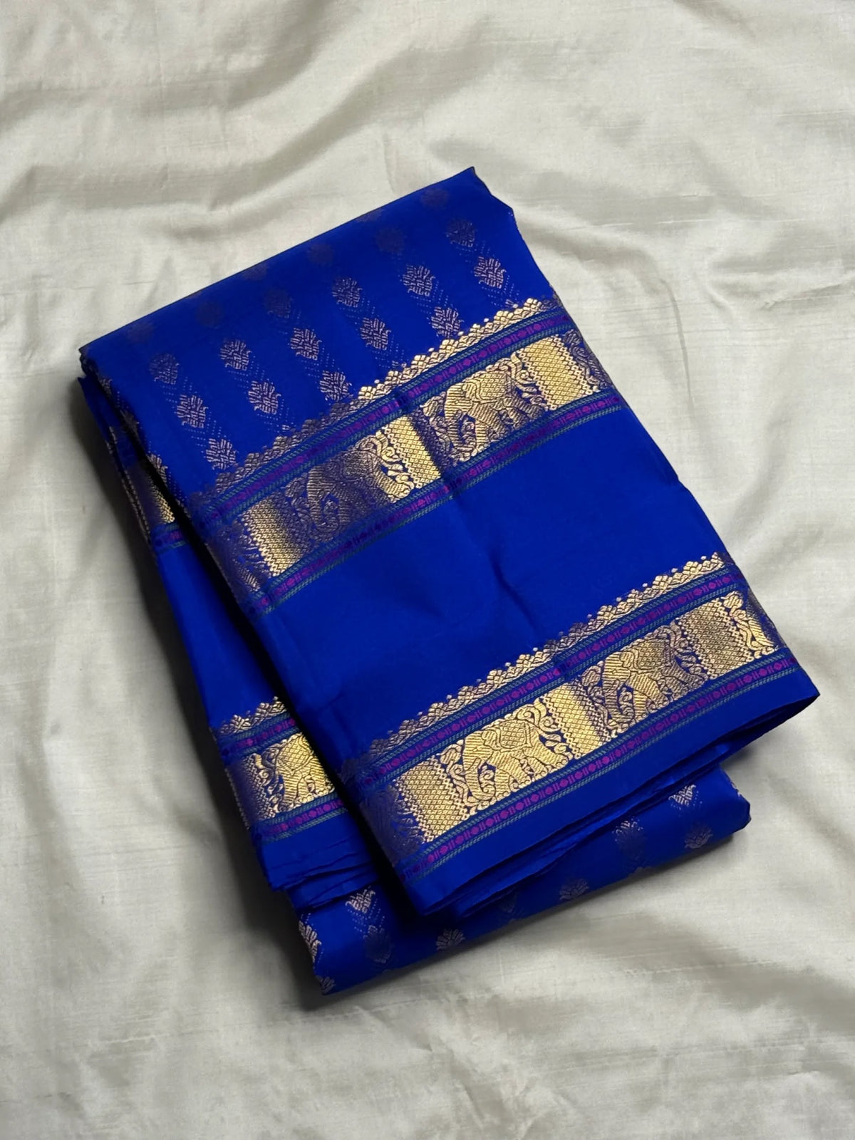 Royal Blue Handwoven Pure Silk Kanjivaram Rettapet saree with antique gold floral buttas