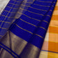 Mango Yellow and Royal Blue Lightweight Kanjivaram Kattam Saree with Seer Pallu showing gold zari stripes