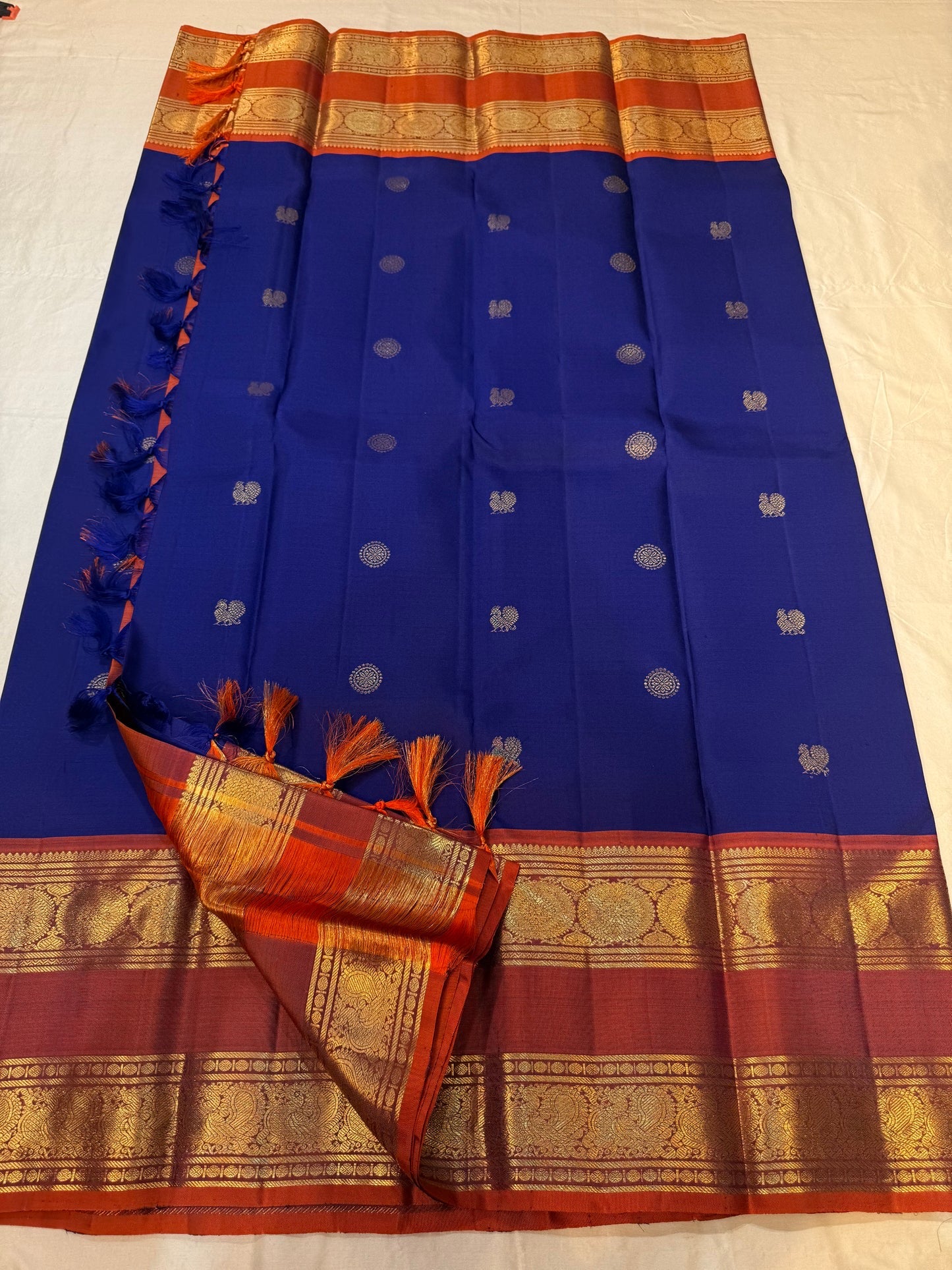 Royal blue Kanjeevaram silk saree with alternating kamalam and kili butta in gold zari — Idam Living