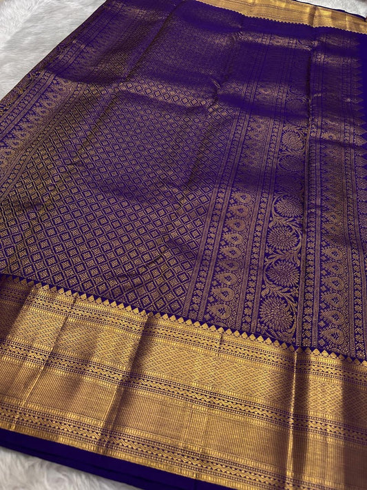 Royal blue handwoven pure silk Kancheepuram saree with Zari Kattam Gandaberunda Butta and Varisaipet border — Idam Living
