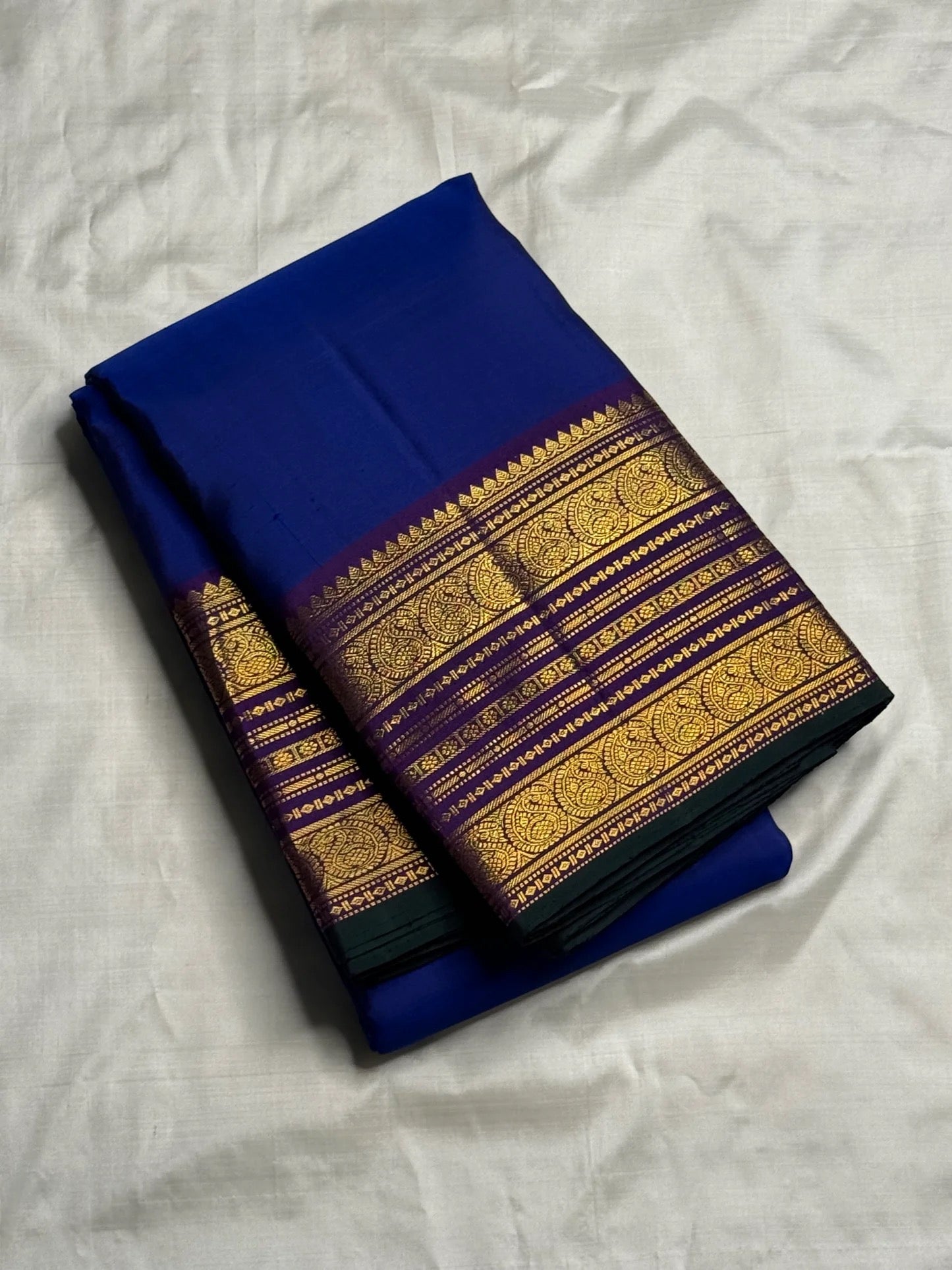 Royal blue handwoven pure silk Kanchi Pattu saree — full saree view with Varisaipet border — Idam Living