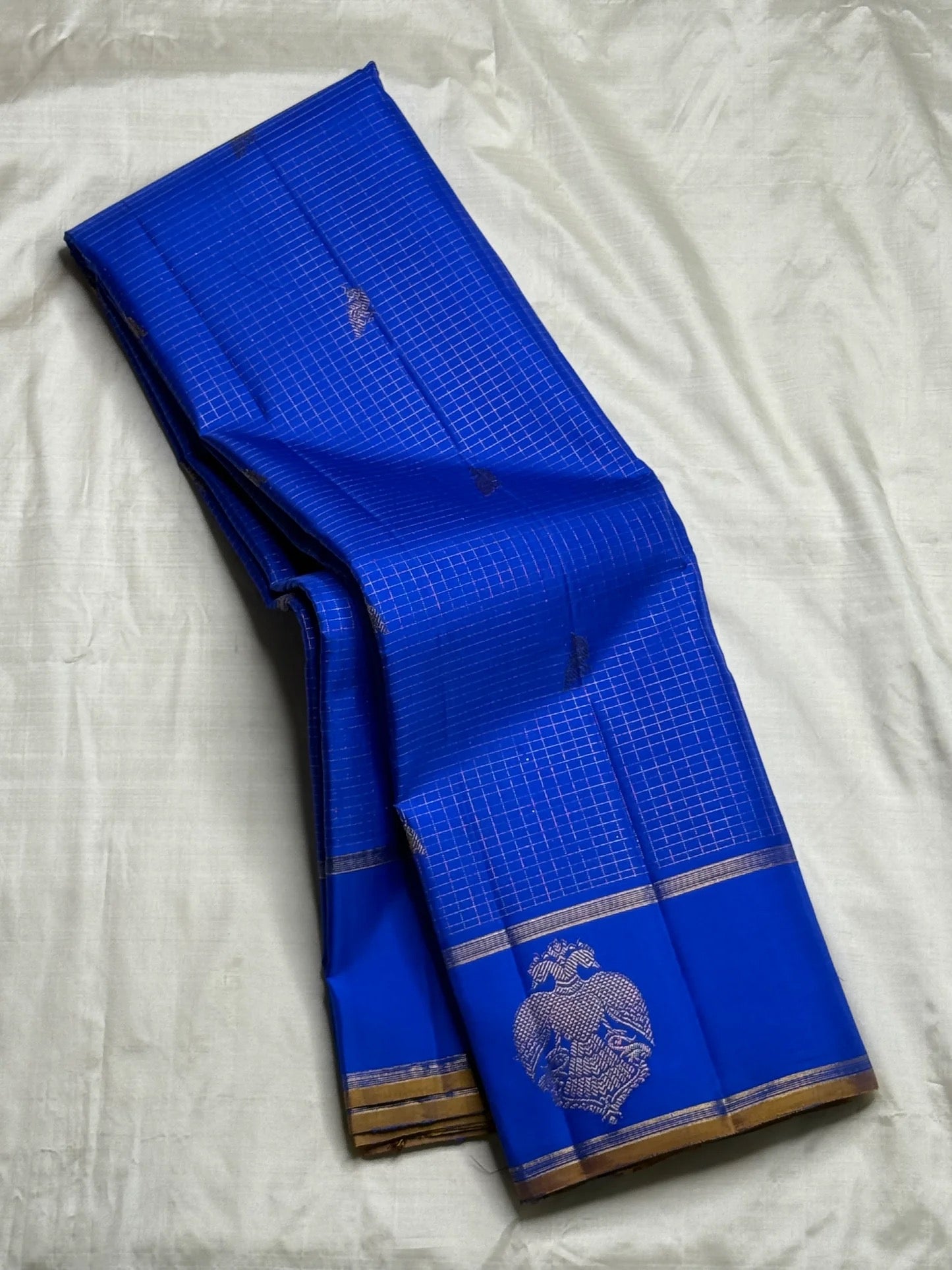 Royal blue handwoven pure silk Kanjipuram saree — full saree view with Zari Kattam grid — Idam Living
