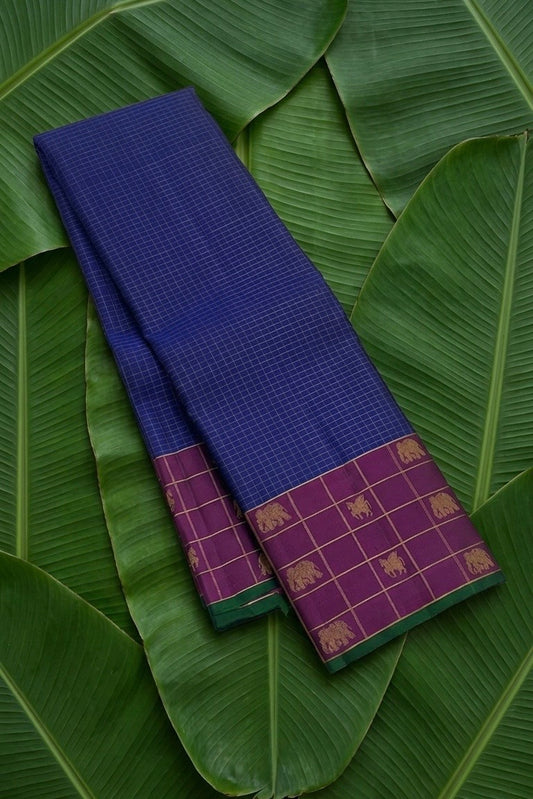 Royal blue handwoven Kanchipuram pure silk saree with zari kattam body and magenta vanasringaram border — Idam Living