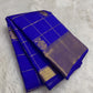 Royal Blue Kanchipuram silk saree with antique gold Zari Kattam body and broad zari border, full drape view.
