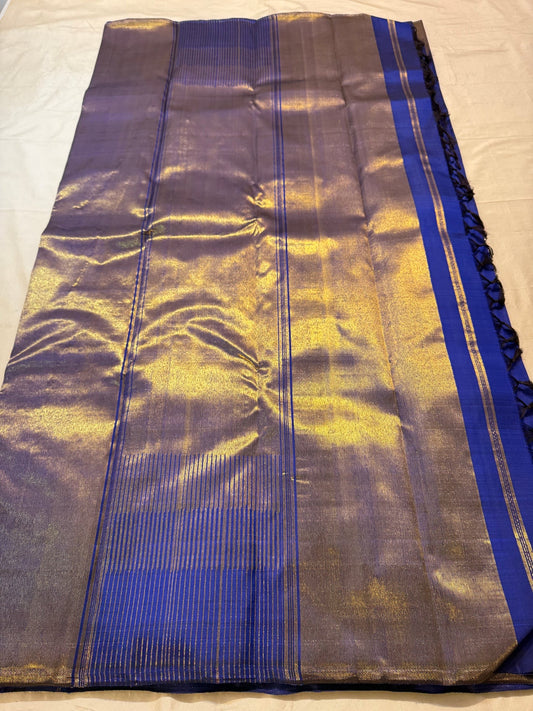Royal Cobalt Blue Pure Silk Kanjipuram Ettukol Saree - full saree view