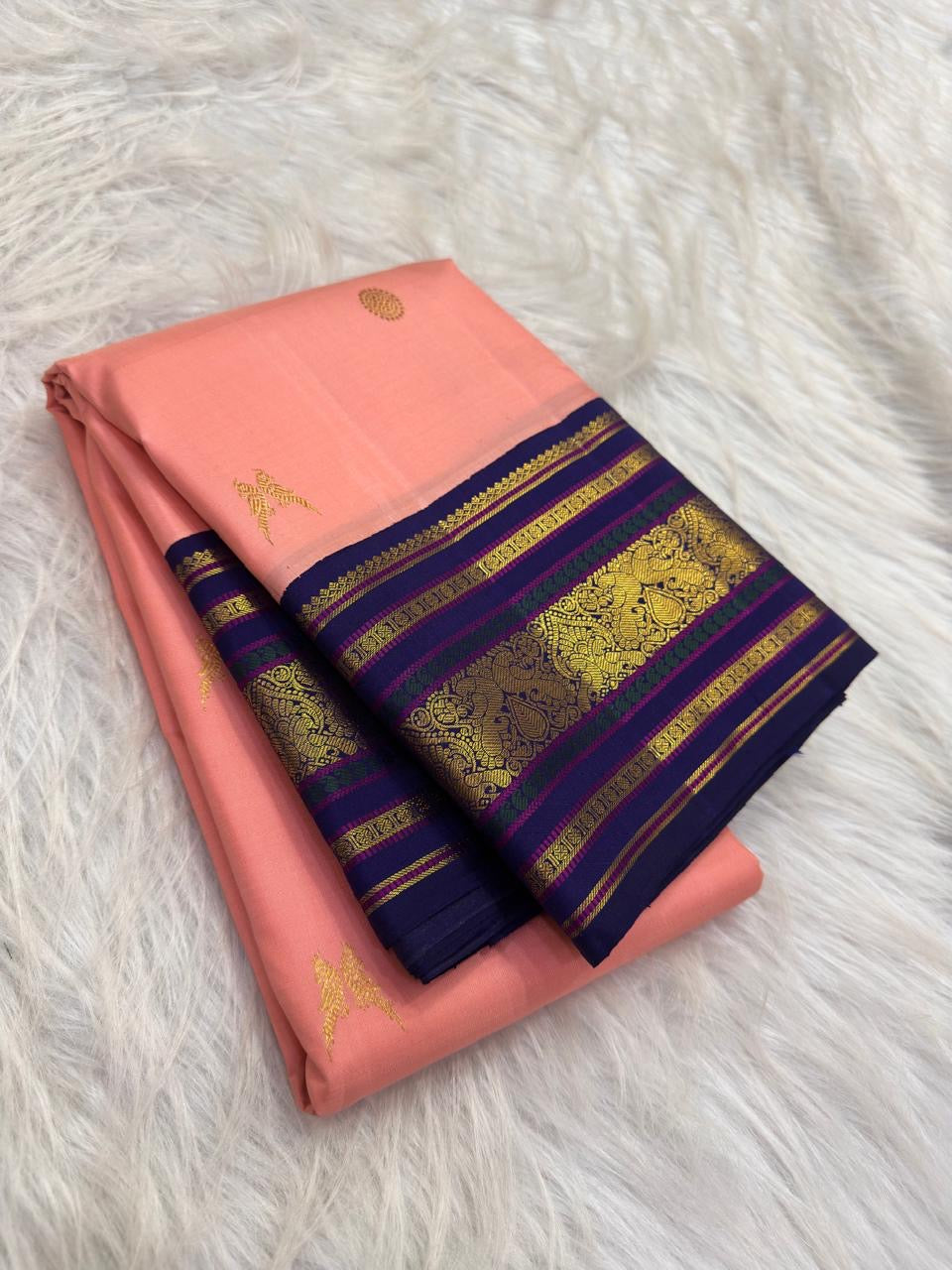 Coral Peach Handwoven Pure Silk KanchiPattu Saree with Royal Indigo Varisaipet Zari Border