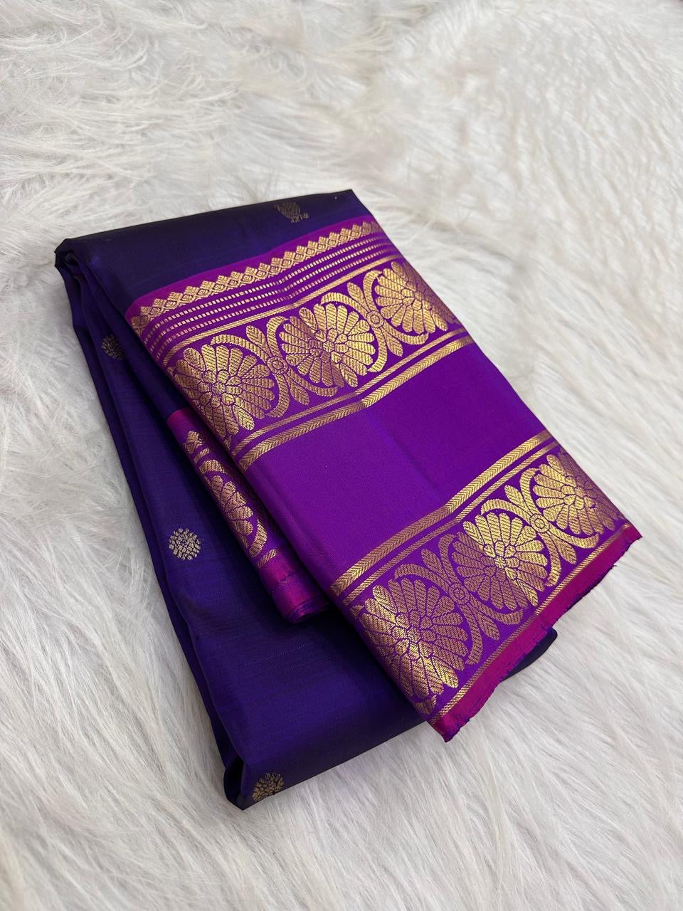 Royal Indigo Handwoven Pure Silk Kancheepuram Rettapet Saree — full saree view — Idam Living