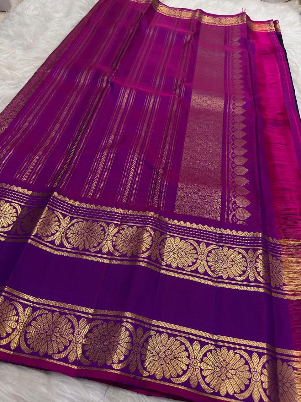 Royal indigo pure silk body weave with gold zari floral butta, Kancheepuram saree