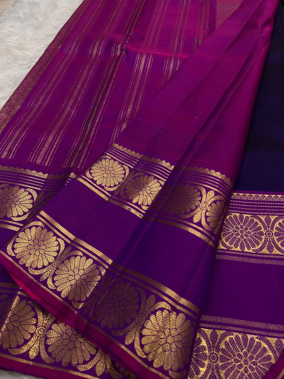 Orchid purple Rettapet border with kamalam motifs, Kancheepuram saree
