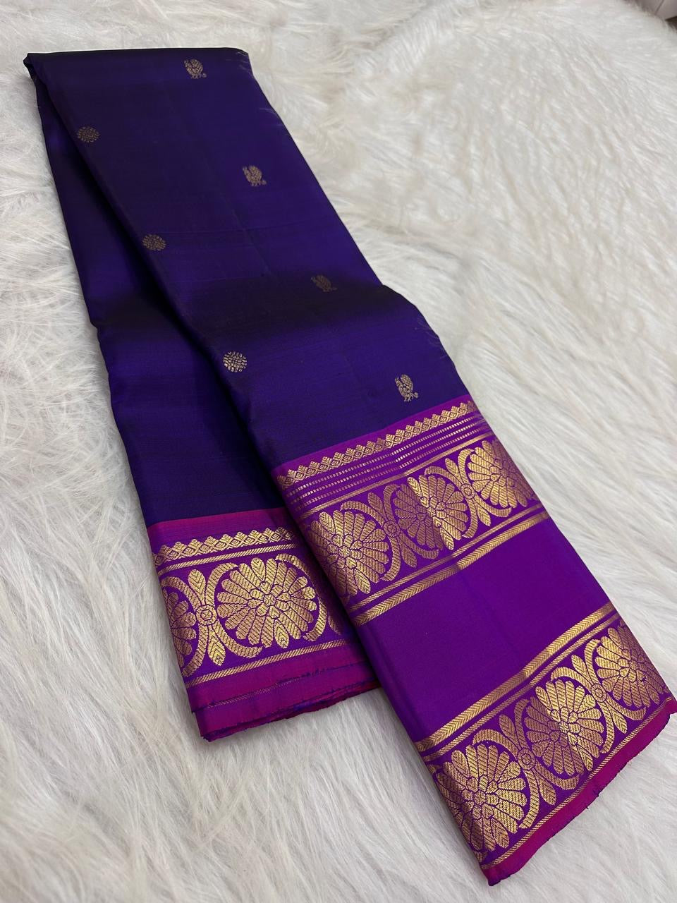 Royal Indigo Kancheepuram Rettapet saree folded view