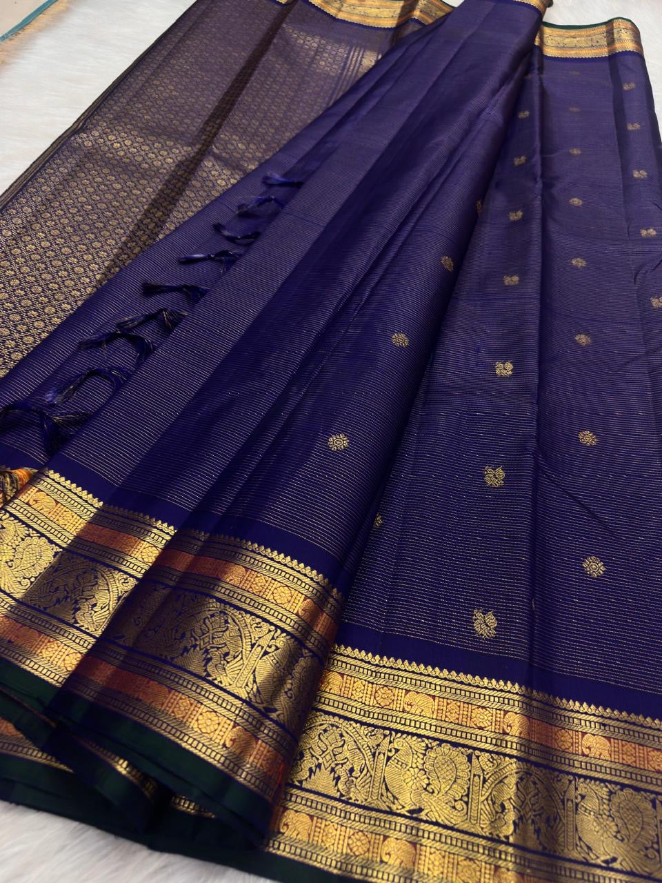 Royal Indigo Violet Handwoven Pure Silk Kanchipuram Vairaoosi Saree with Gold Zari Buttas and Traditional Zari Border