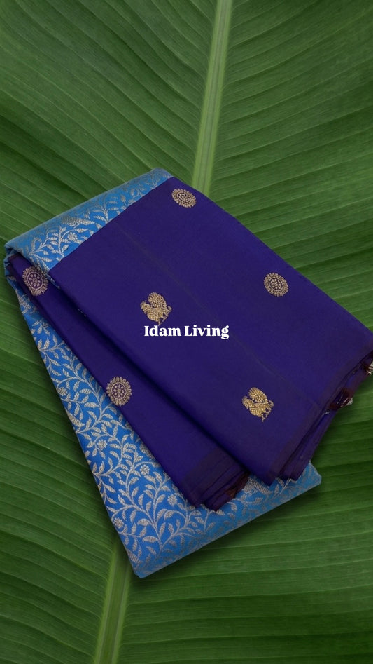 Royal ink blue Vanasringaram Kanchipuram silk saree with sky azure floral jaal pallu – front view