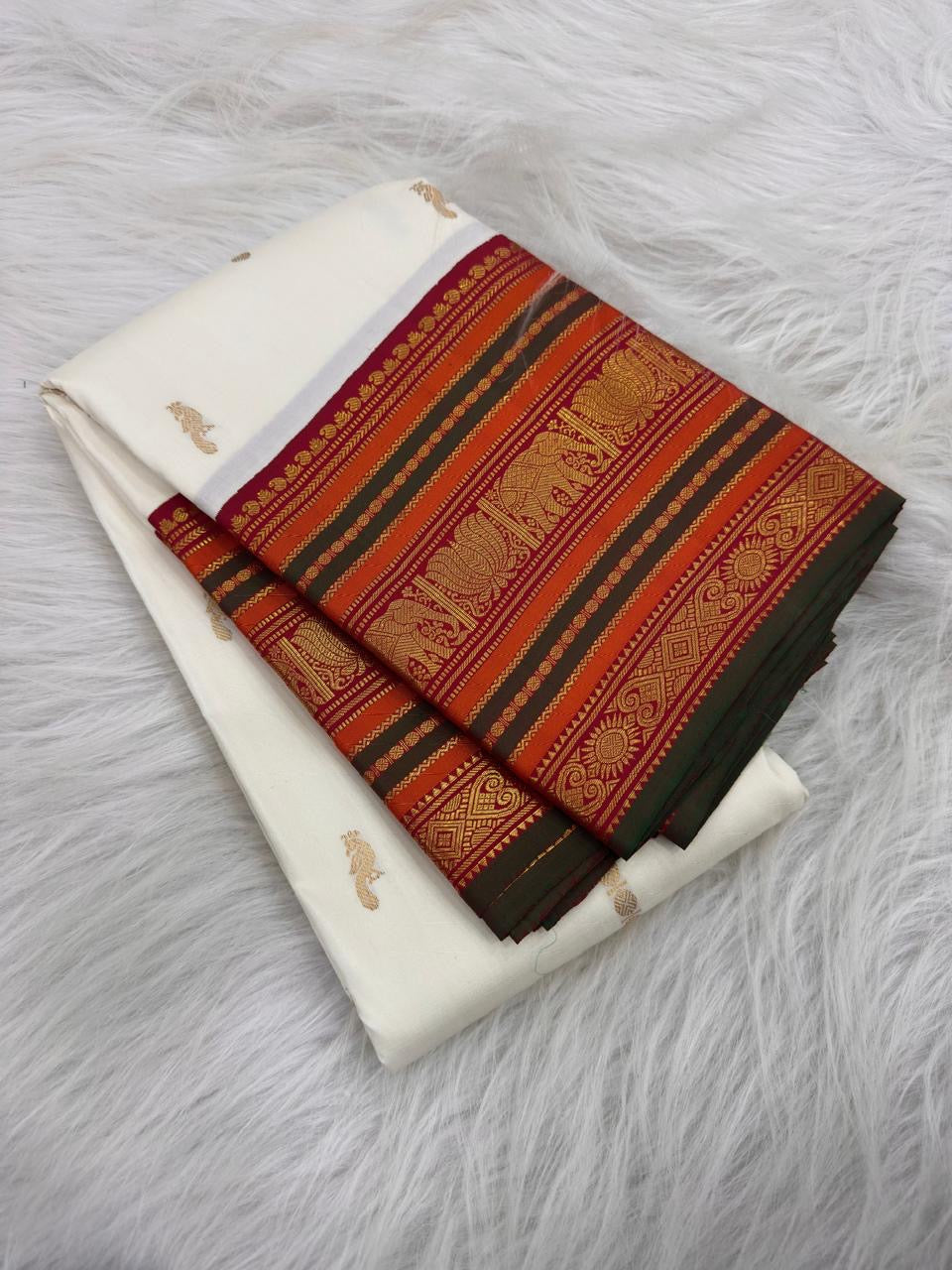 Close-up detail of royal ivory pure mulberry silk body, Kanchipuram Varisaipet saree