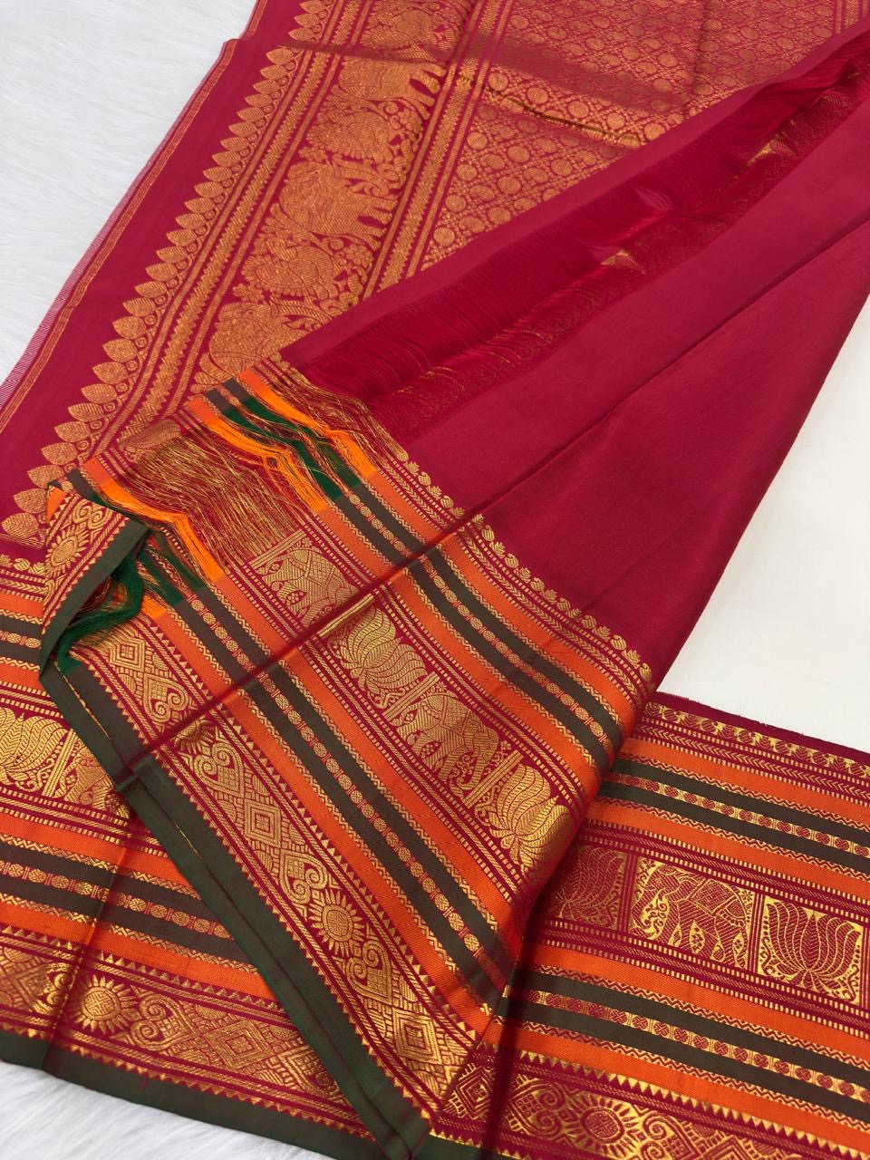 Royal Ivory Handwoven Pure Silk Kanchipuram Varisaipet Saree with Pillar Box Red Border — Idam Living