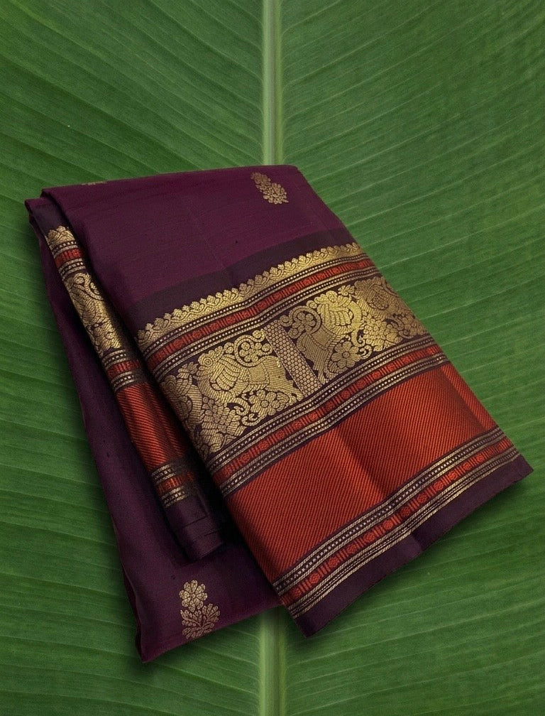 Royal Jamun Purple Kanchipuram silk saree with burnt vermilion yazhi motif border and antique gold zari