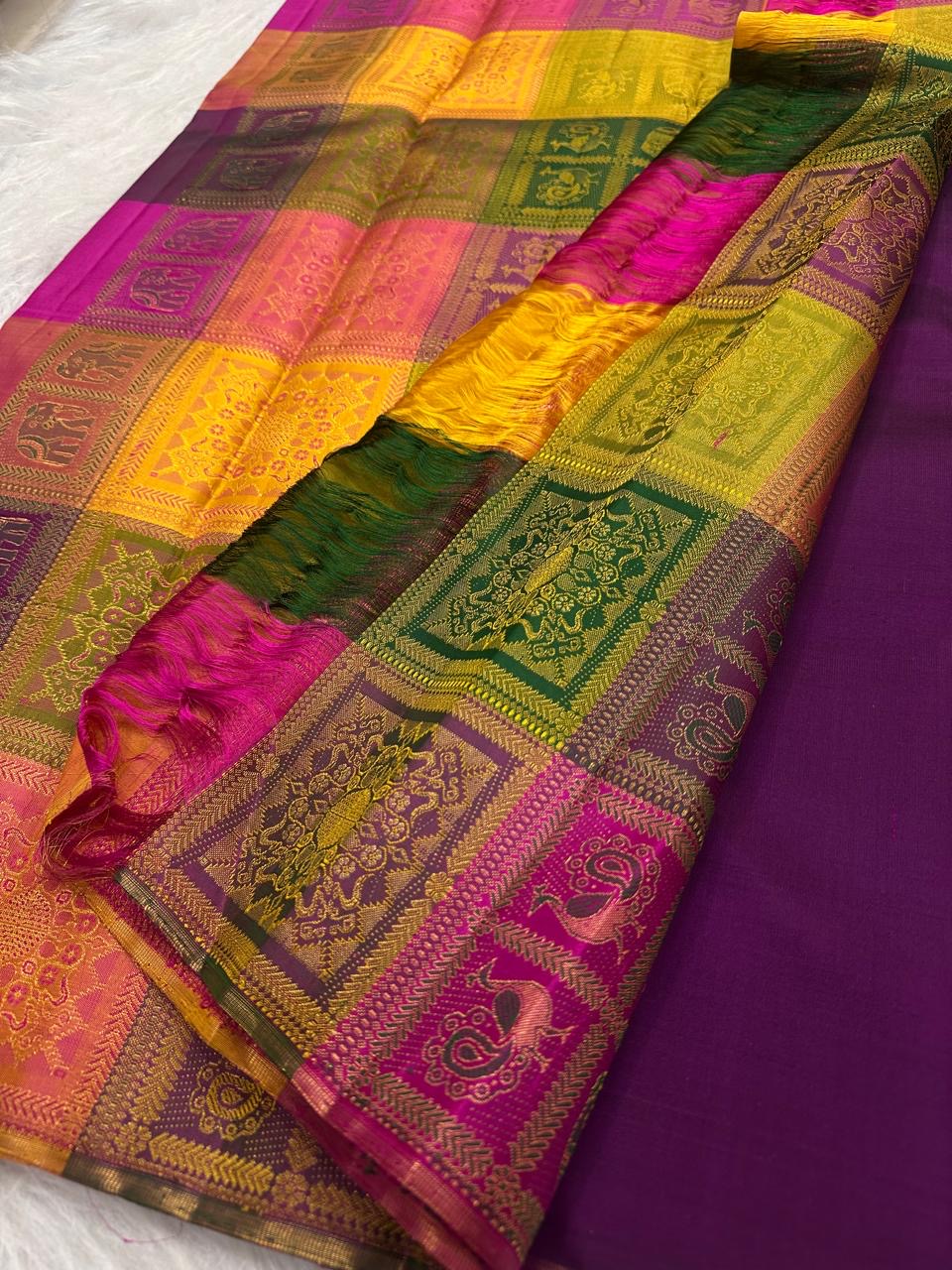 Royal Orchid Purple Kanchipuram silk saree, pallu detail — Idam Living