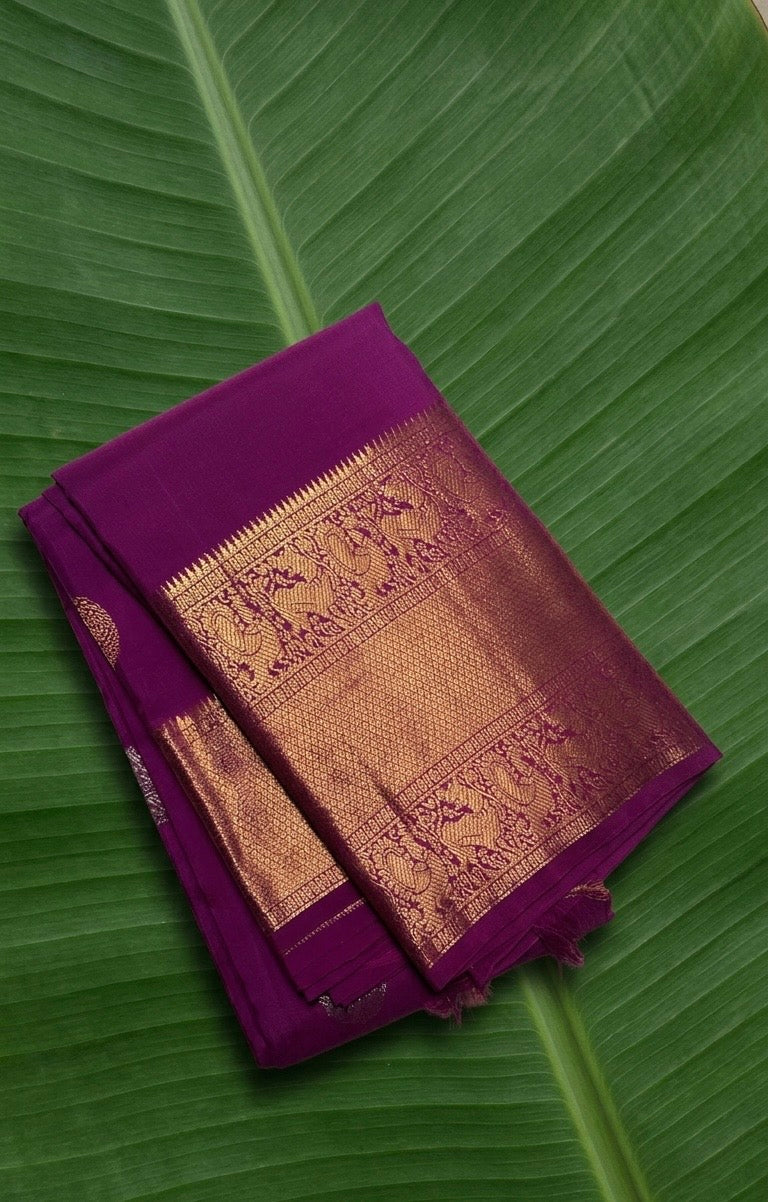 Royal orchid purple Kanchipuram silk saree with ornate sona roopa mayil butta weaving