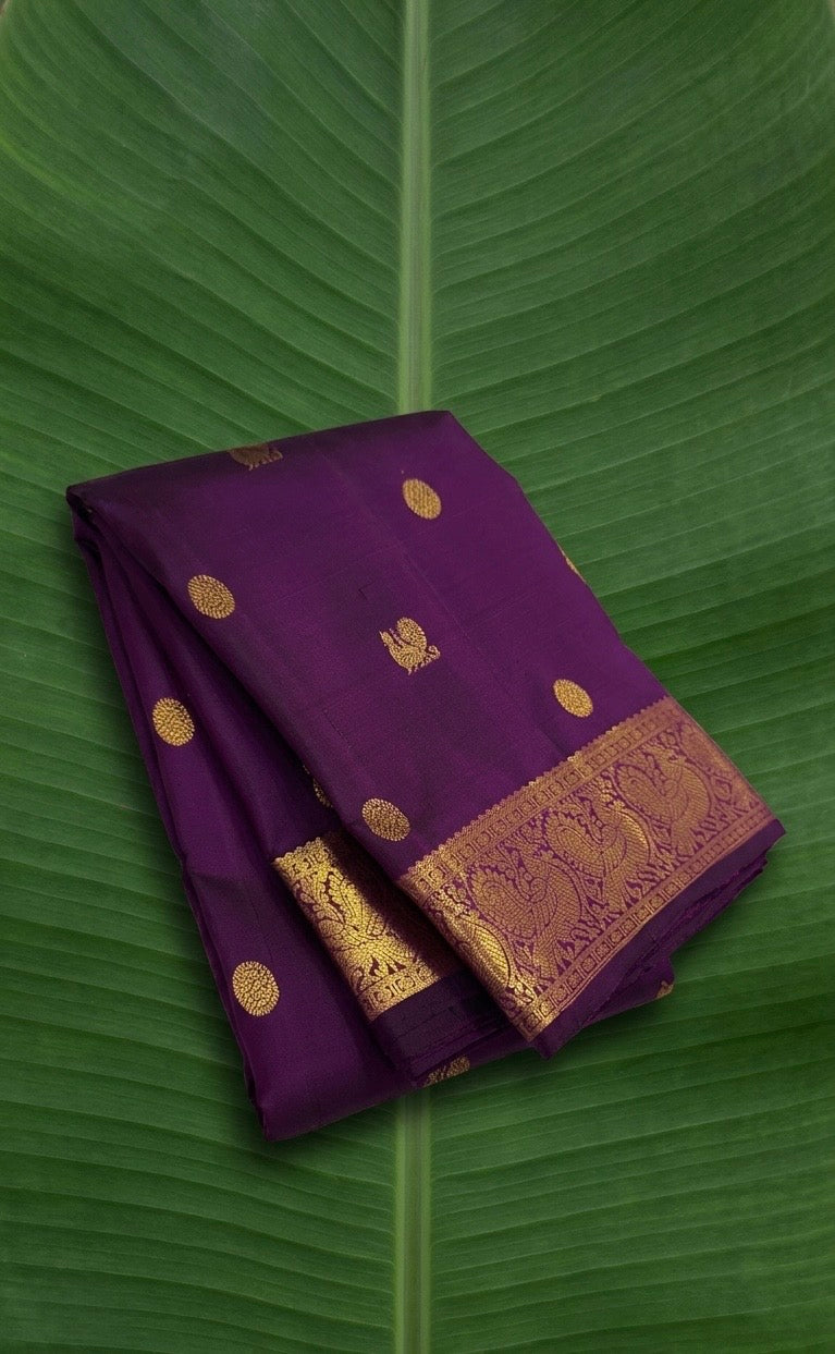 Pure Kanchipuram silk saree in royal orchid purple with antique gold Annapakshi zari border