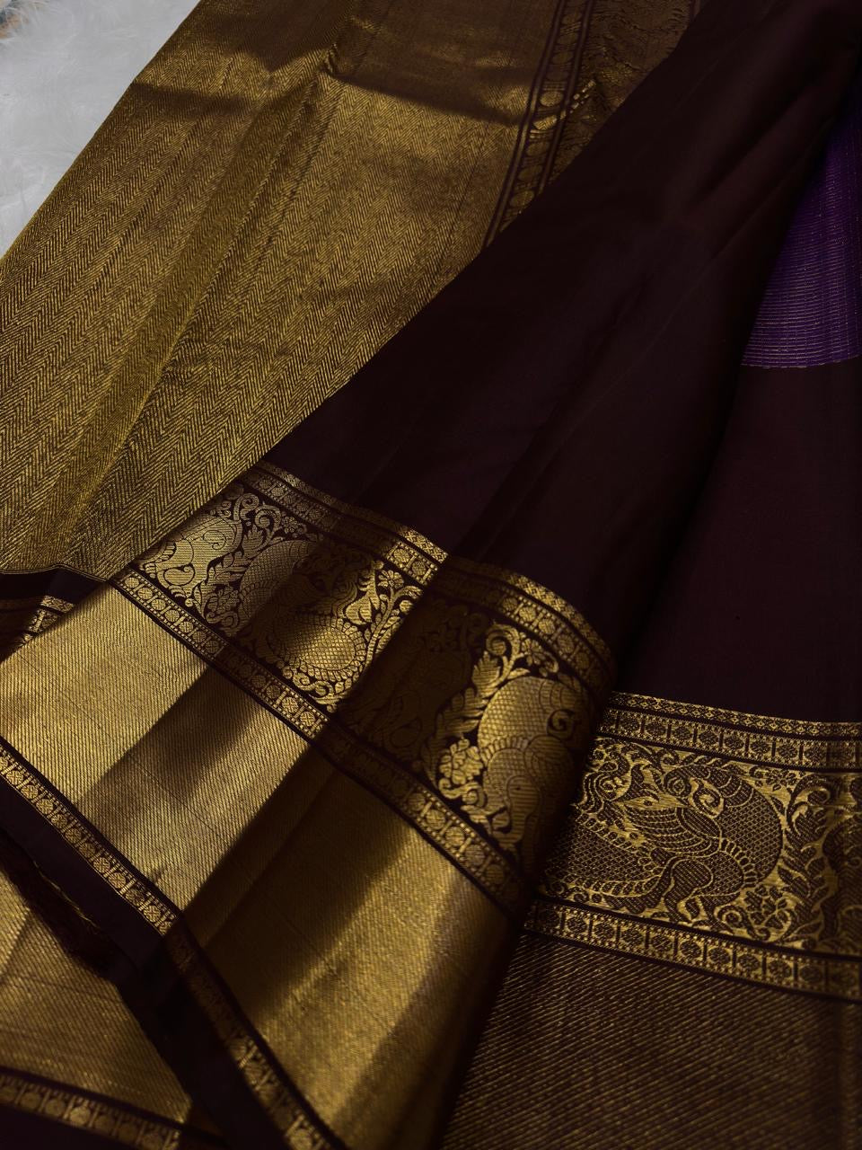 Royal orchid purple Korvai Kanchipuram saree, draped front view