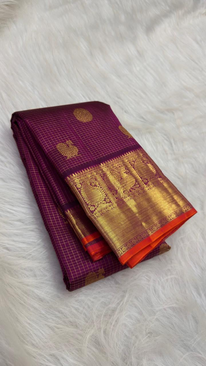 Royal Plum Kanjeevaram silk saree body close-up with Zari Kattam checked grid