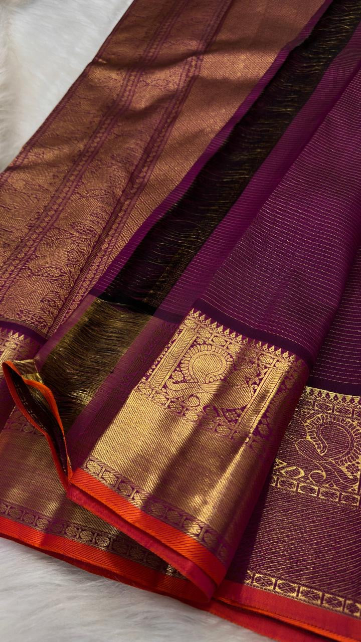 Royal Plum Kanjeevaram silk saree handwoven full drape