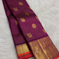 Royal Plum handwoven pure silk Kanjeevaram saree, Zari Kattam weave with orange border — full saree overview — Idam Living