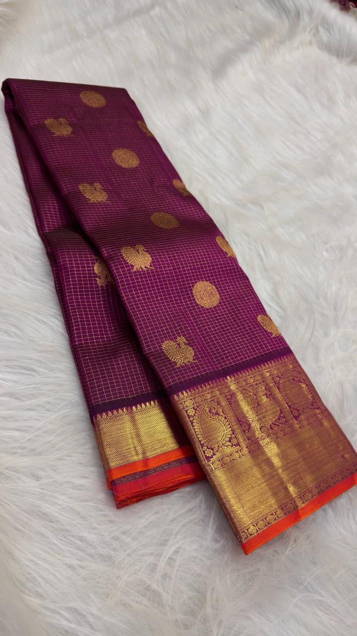 Royal Plum handwoven pure silk Kanjeevaram saree, Zari Kattam weave with orange border — full saree overview — Idam Living