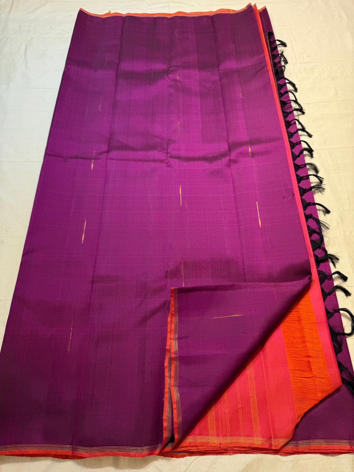 Royal purple pure silk KanchiPattu saree overview with mullai moggu zari butta — Idam Living