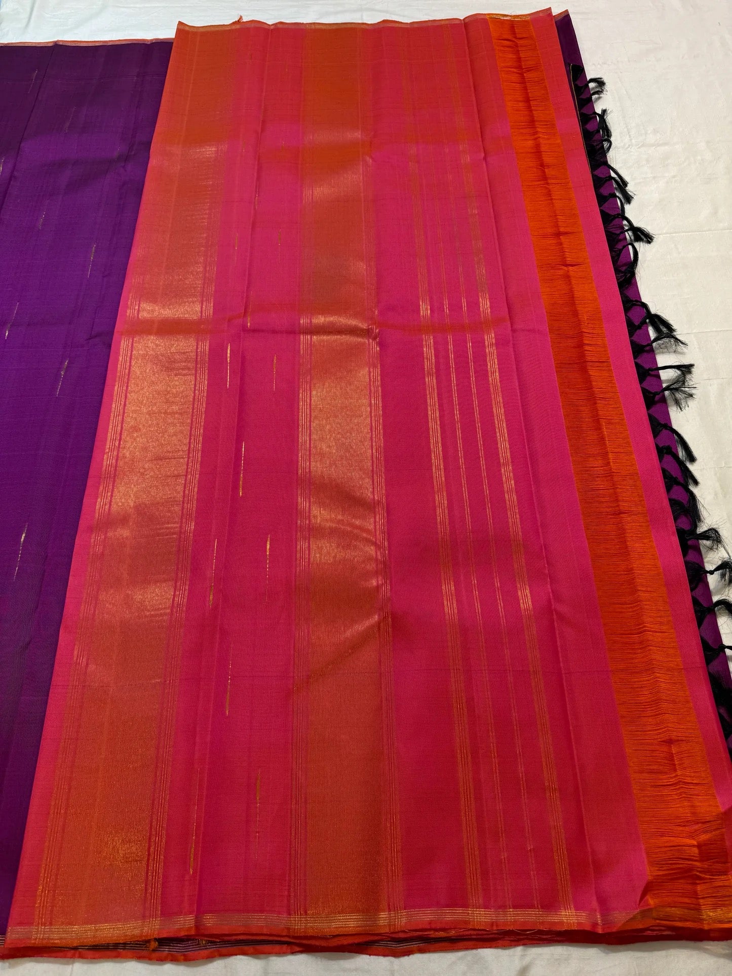 Royal purple KanchiPattu saree contrast selvedge border in rust orange and deep red