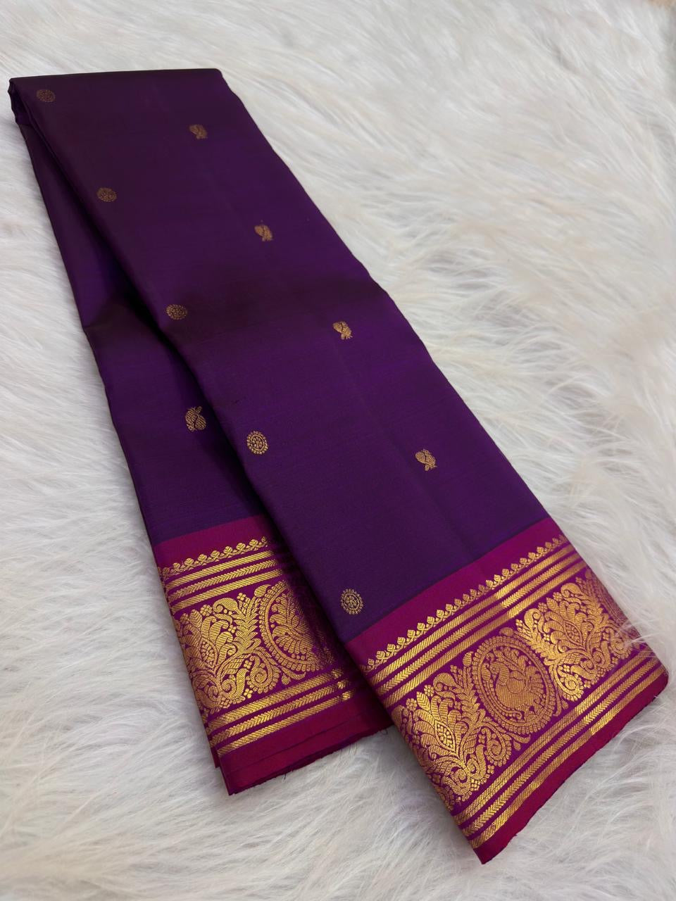 Royal purple Butta Kanjipuram saree — gold zari butta body close-up