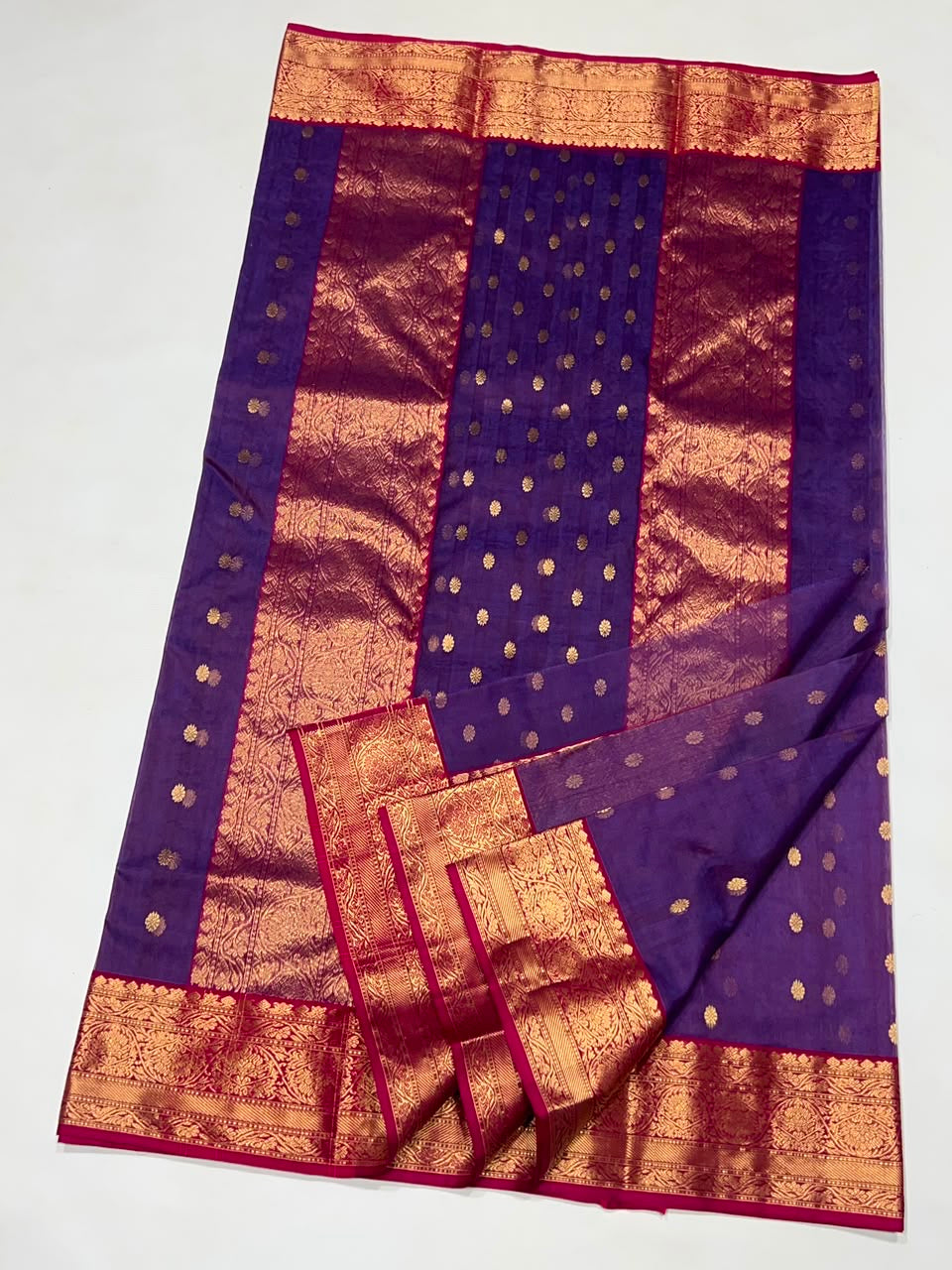 Royal Purple Katan Silk Chanderi saree detail showing small gold floral buttas scattered across the body.