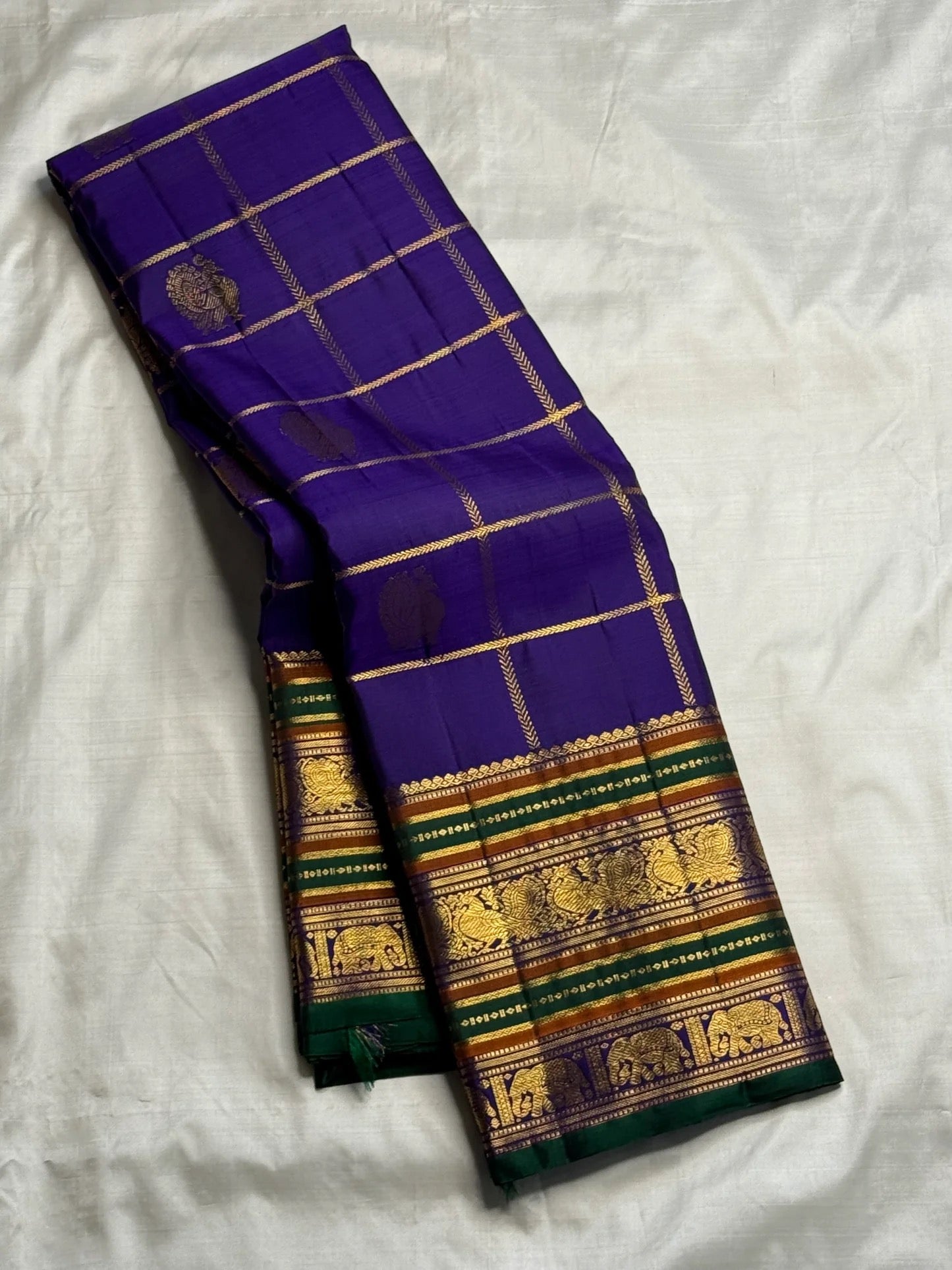 Royal Purple pure silk Kanchipuram saree — emerald zari kattam