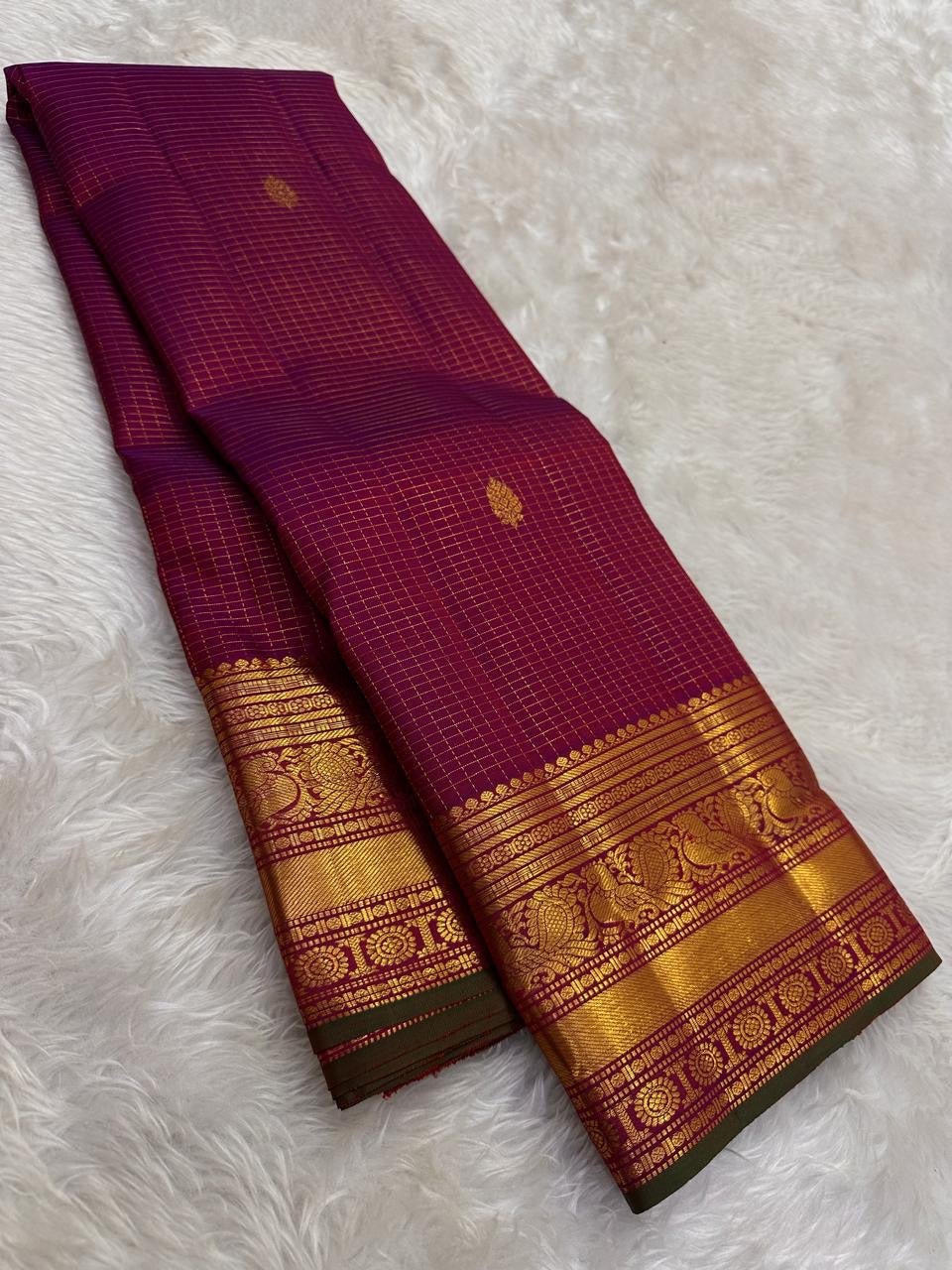 Royal Purple and Antique Gold Handwoven Pure Silk Kanjeevaram Saree with Zari Kattam and Mayil Chakram Border