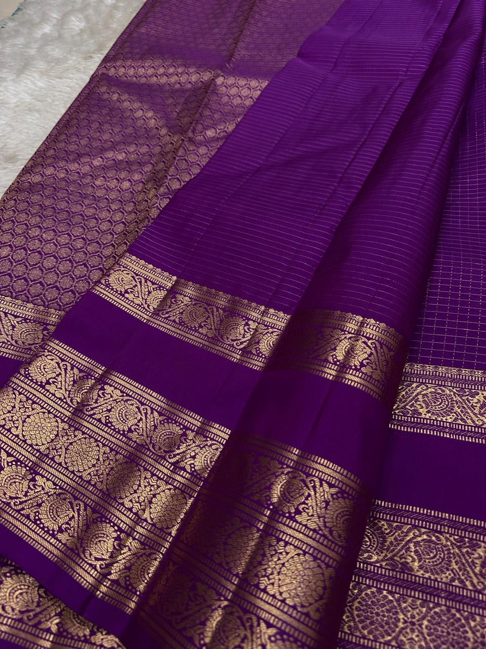 Royal Purple Kanchi Pattu silk saree, body weave texture close-up — Idam Living