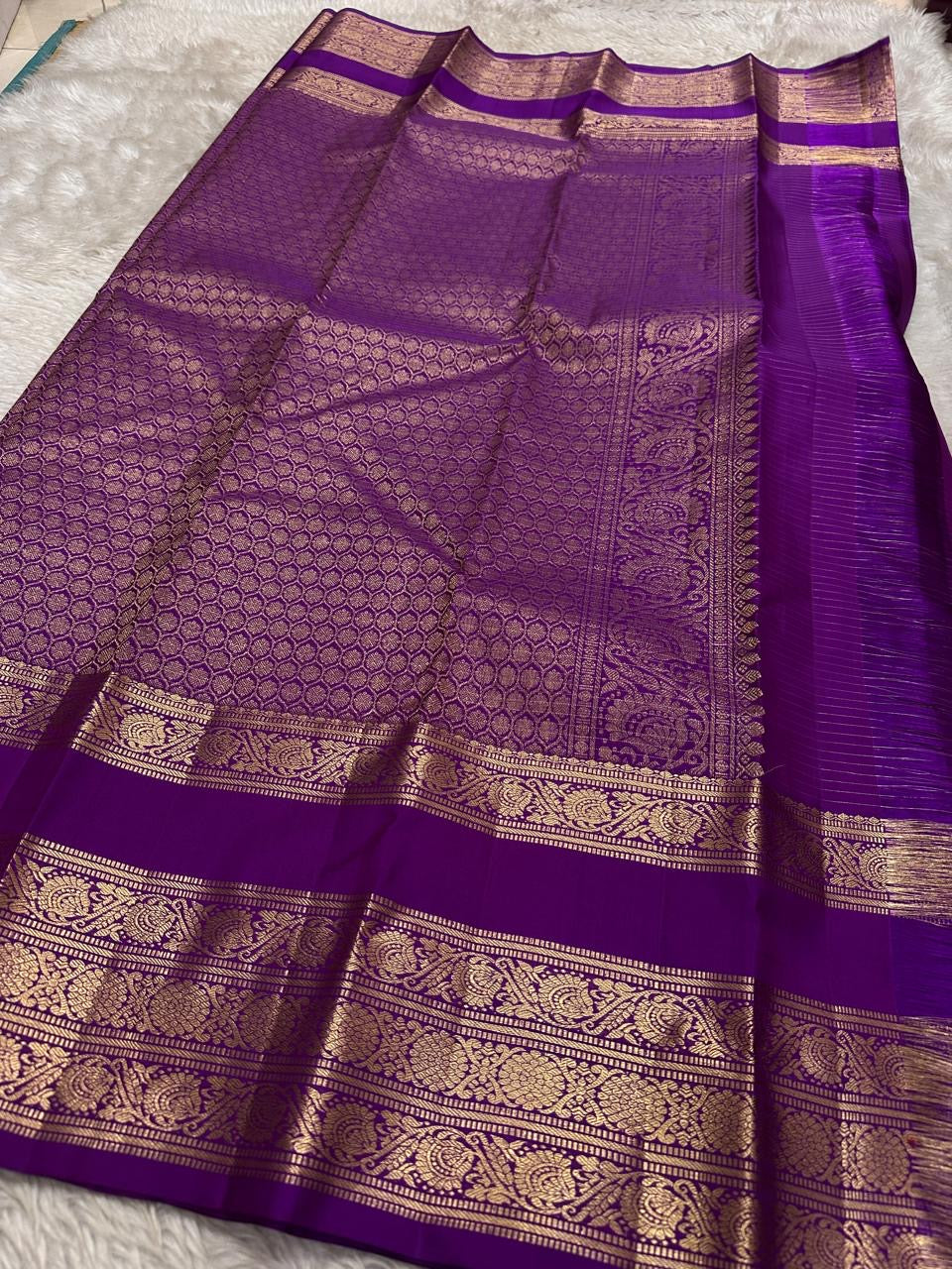 Royal Purple Kanchi Pattu silk saree draped, full length view — Idam Living