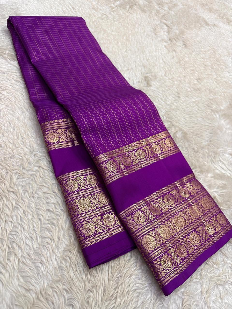 Royal Purple Kanchi Pattu silk saree, border close-up detail — Idam Living