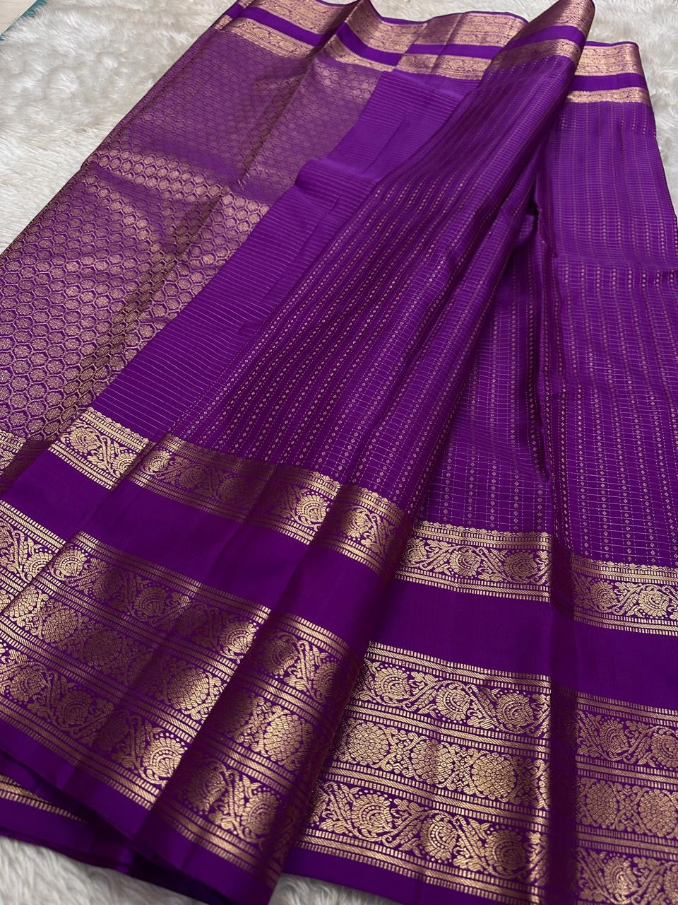 Royal Purple Kanchi Pattu silk saree — full front view, varisaipet weave — Idam Living