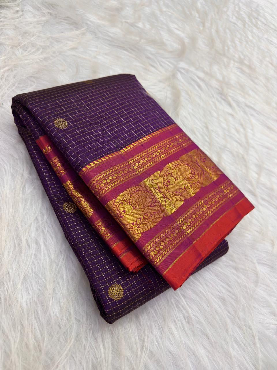 Royal Purple Pure Silk Kanchipuram Zari Kattam Saree - front view