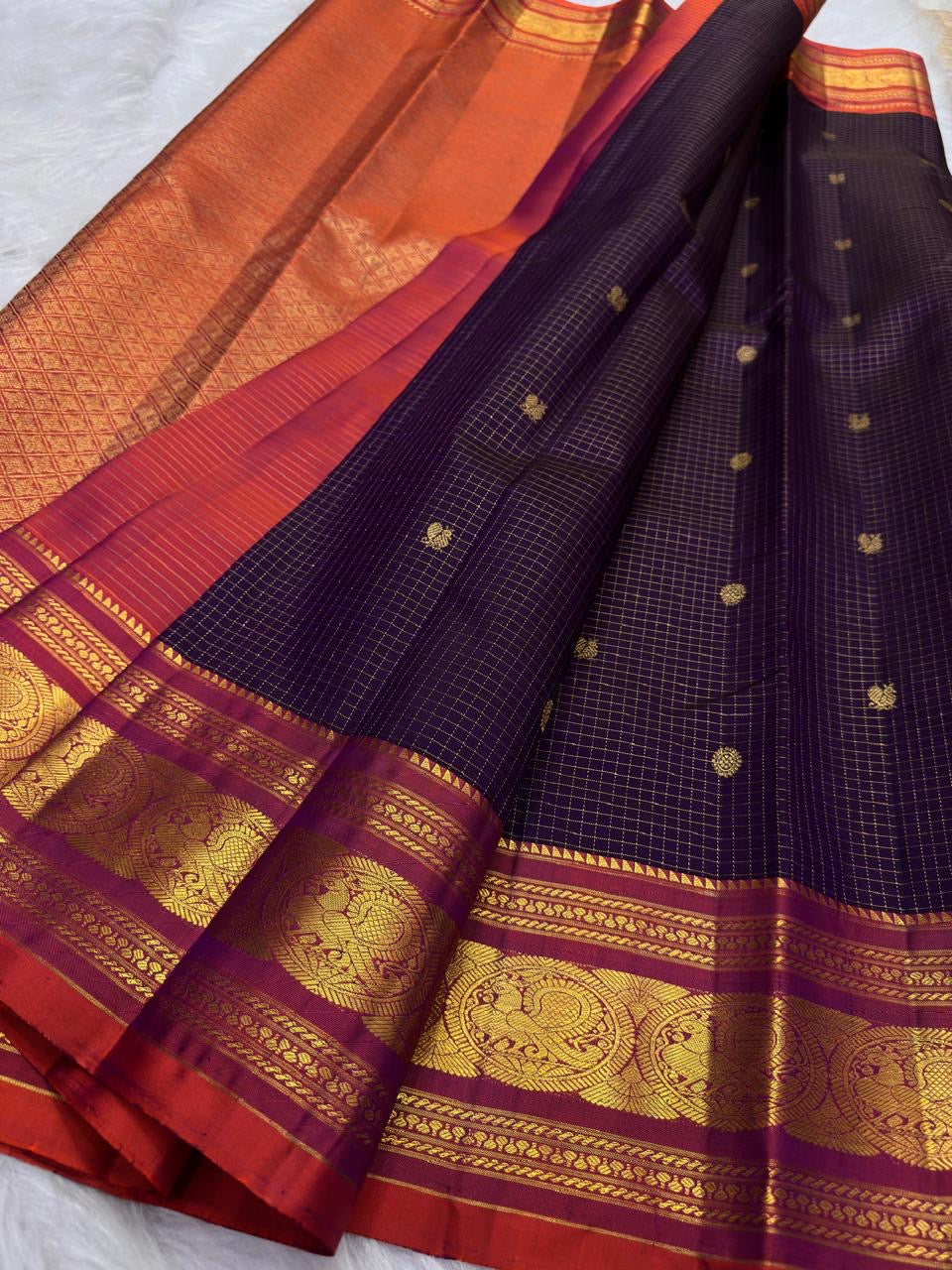 Royal Purple Pure Silk Kanchipuram Zari Kattam Saree - full saree view