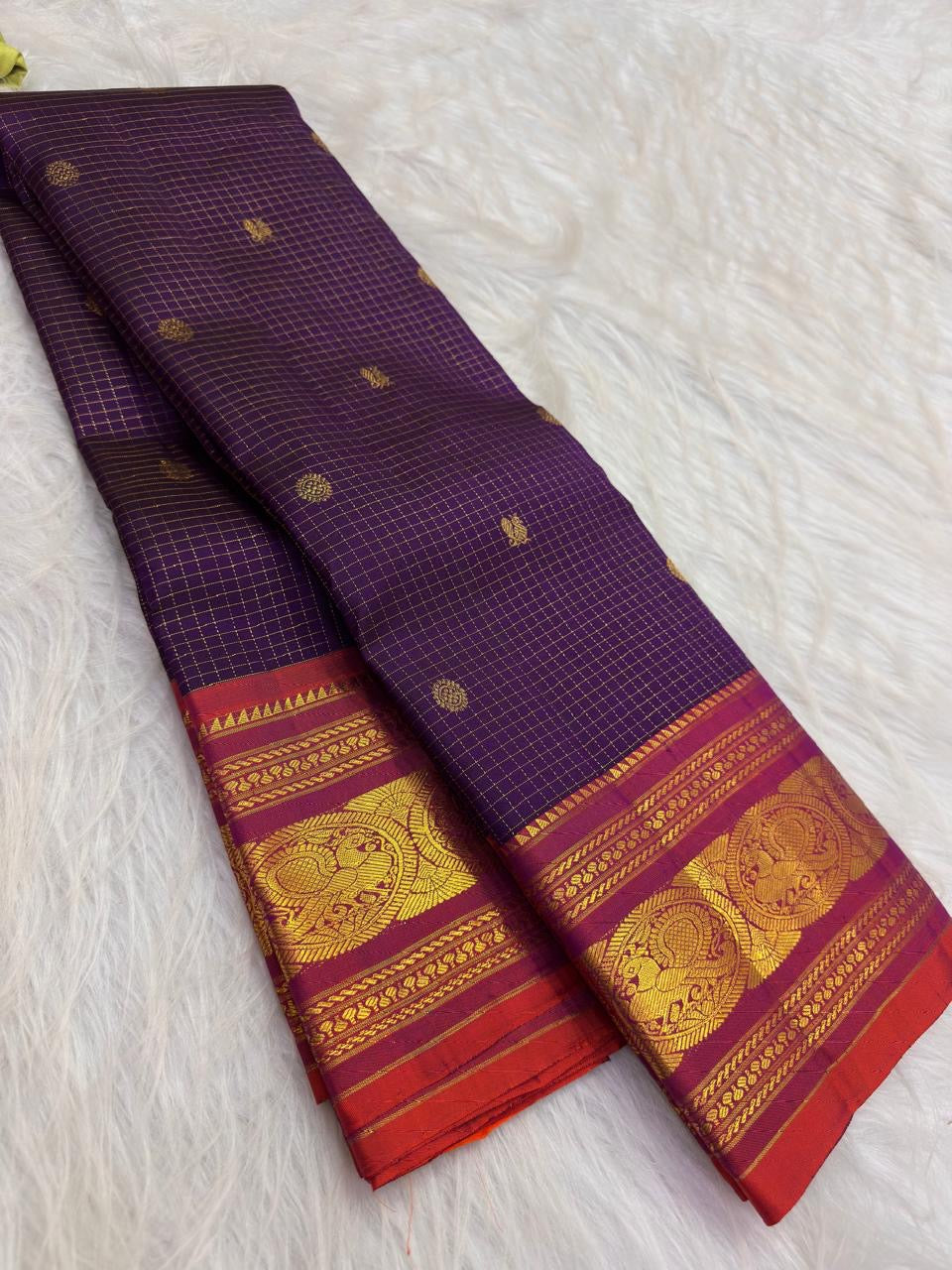 Royal Purple Pure Silk Kanchipuram Zari Kattam Saree - zari grid close-up