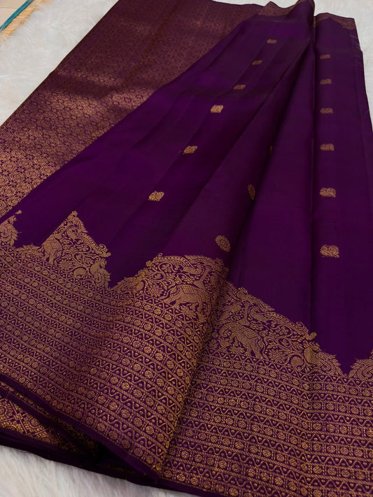 Royal Purple handwoven pure silk Kanjipuram saree with floral butta motifs — full saree overview — Idam Living