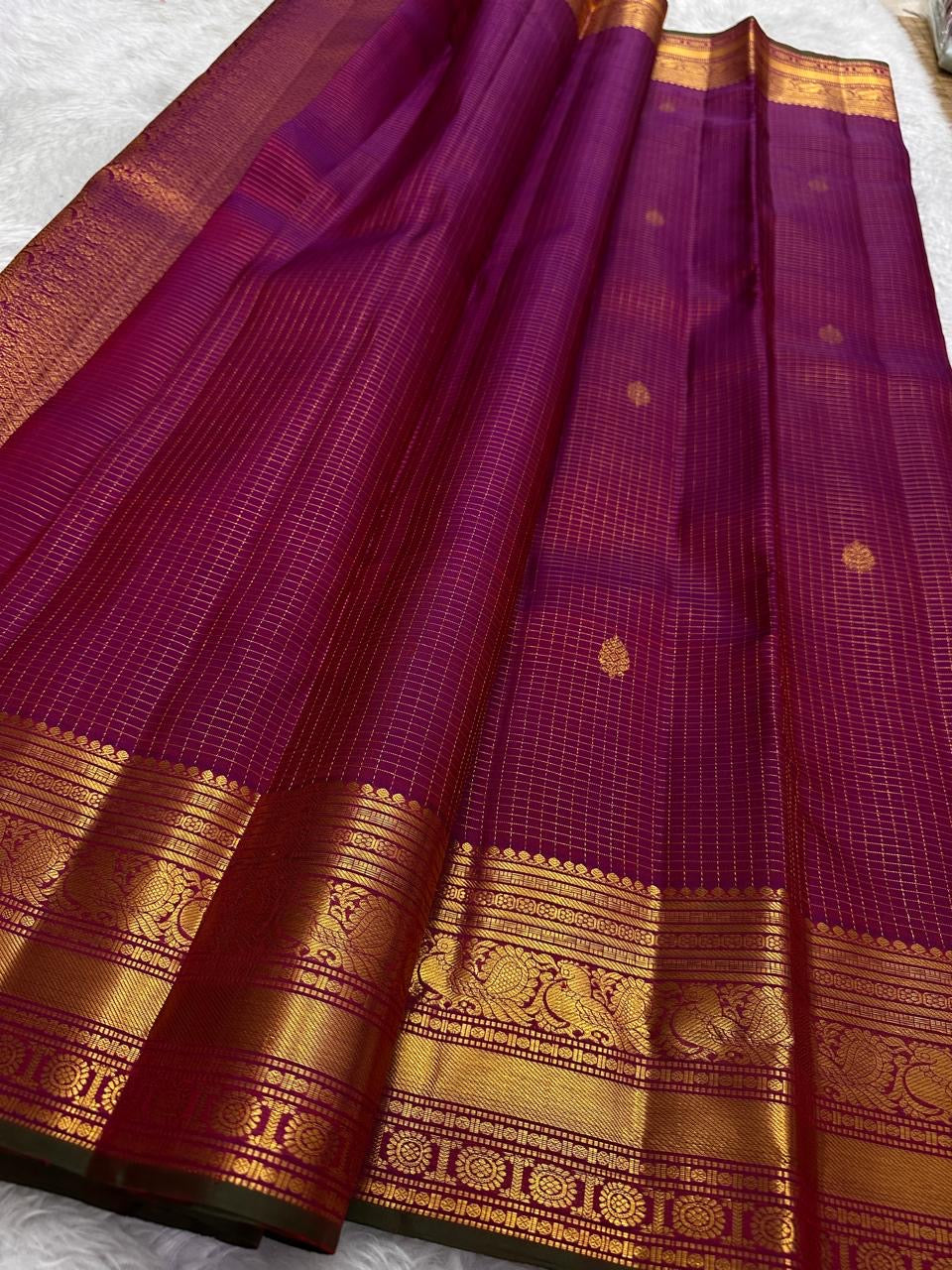 Royal Purple and Antique Gold Handwoven Pure Silk Kanjeevaram Saree with Zari Kattam and Mayil Chakram Border
