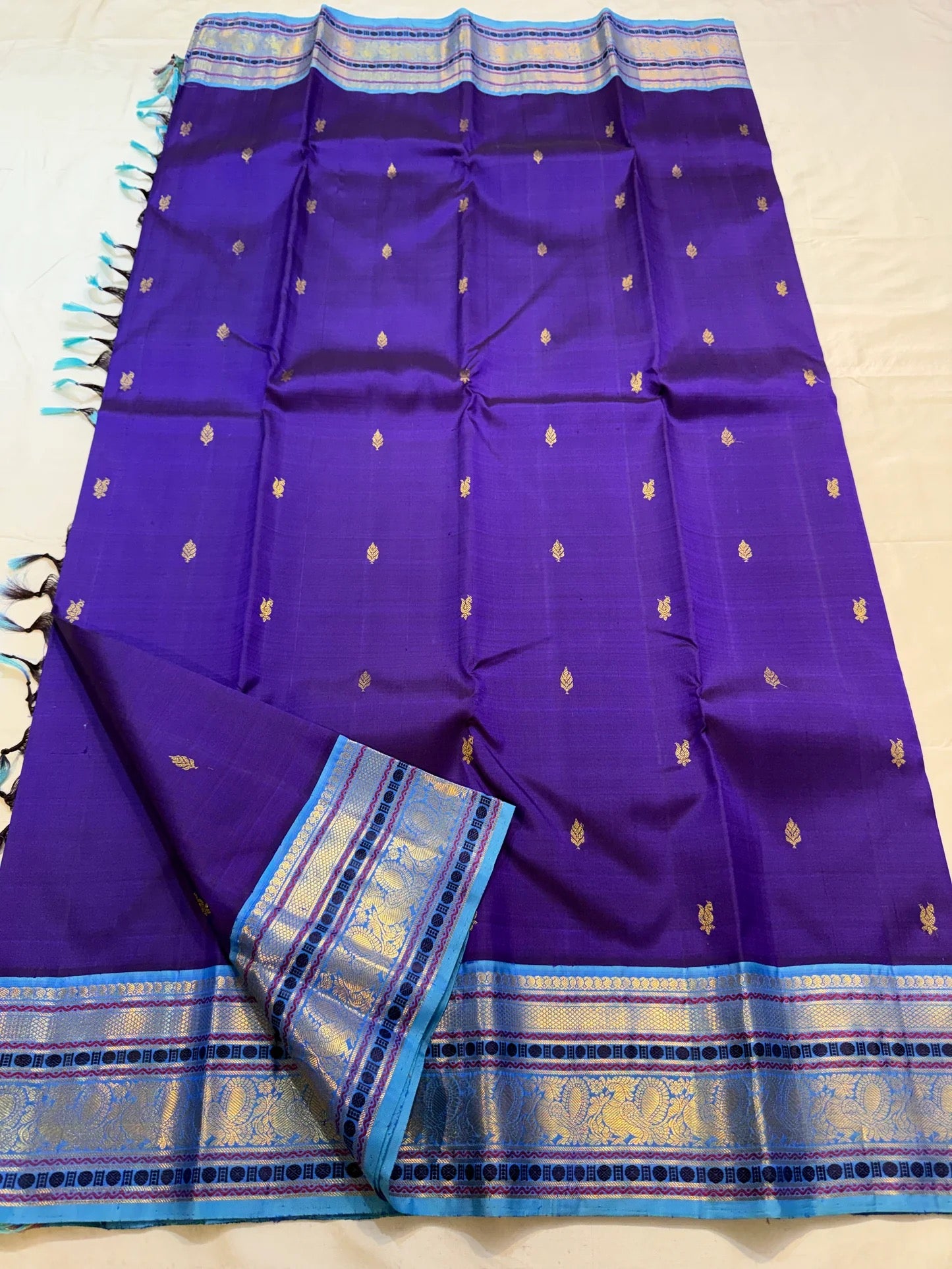 Royal purple handwoven pure silk Kancheepuram saree — full saree view with Korvai border — Idam Living